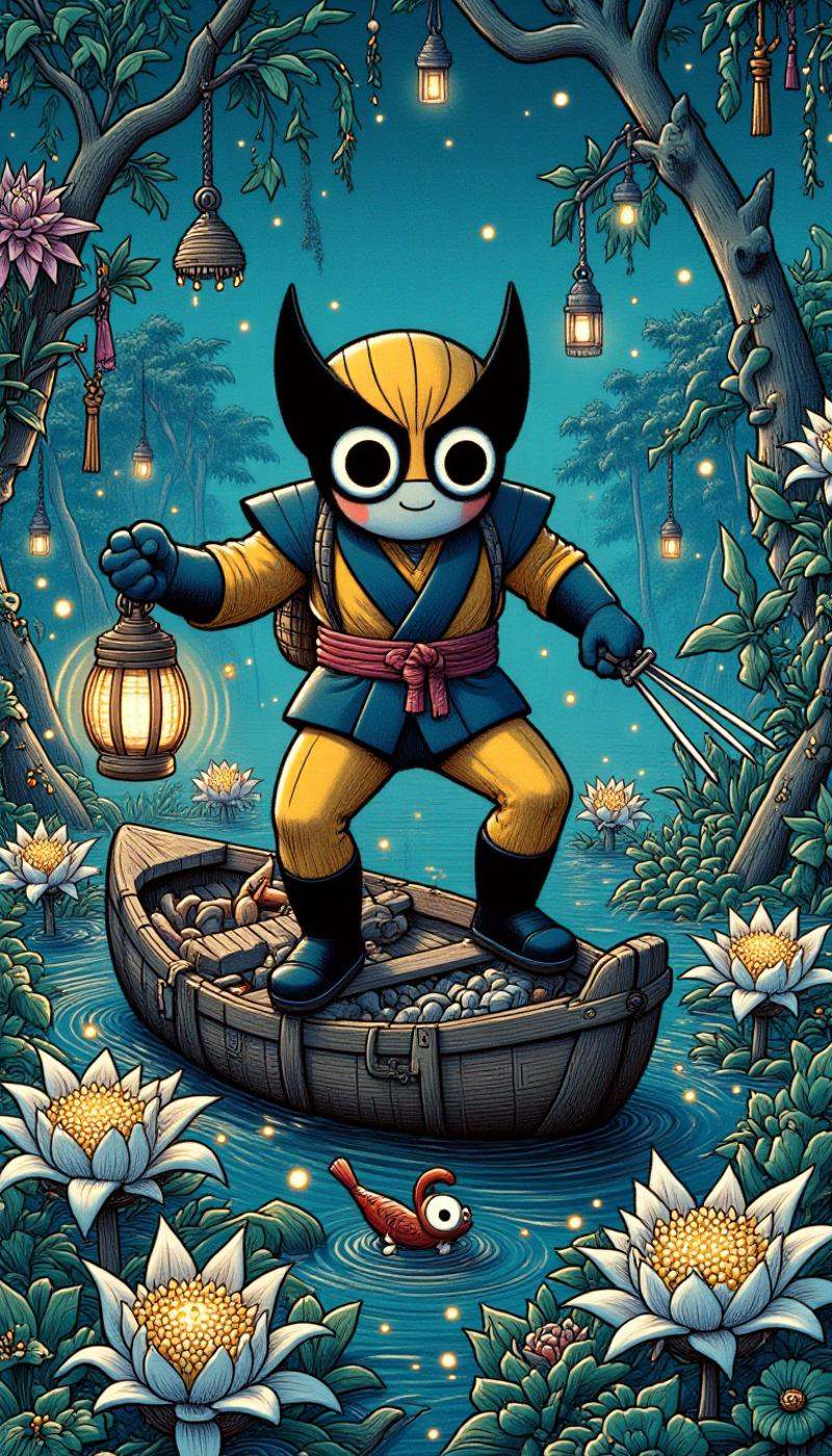 <lora:ZanyEyesStyleFlux:1.0>Wolverine stands atop a rickety, lantern-lit sampan, navigating through a mist-shrouded, bioluminescent bayou, as he expertly slices through a tangled mess of glowing, ethereal water hyacinths with his razor-sharp claws.