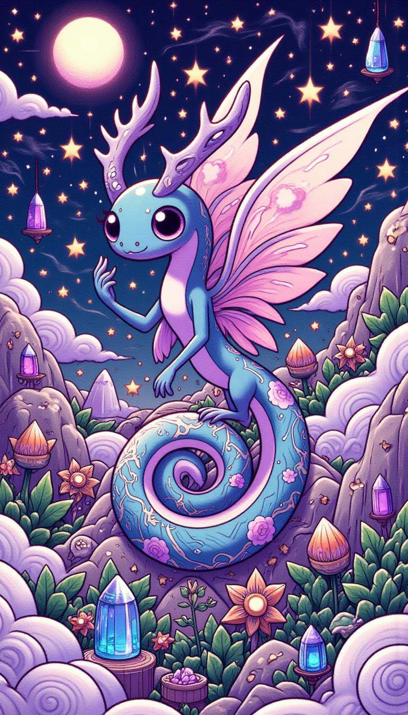 <lora:ZanyEyesStyleFlux:1.0>In the mystical realm of Aethoria, a celestial, iridescent creature named Luminaris inhabits the dreamy skies. Luminaris resembles a delicate, translucent winged serpent with a slender, elongated body adorned in shifting, holographic hues that dance between shades of rose, sapphire, and amethyst. Its ethereal wings beat at a hypnotic pace, casting a gentle hum that calms the atmosphere. Two glowing, crystal-like orbs at the base of its neck pulse in sync with the beating wings.As a Dream/Fairy-type, Luminaris wields the extraordinary abilities 'Slumbering Hush' and 'Dreamweaver.' With Slumbering Hush, it lulls its foes into a peaceful slumber, rendering them temporarily immobile and defenseless. Conversely, Dreamweaver enables Luminaris to shape-shift its dreamscape, manifesting shimmering illusions to disorient adversaries and camouflage its own vulnerabilities.While airborne, Luminaris hovers near lunar crystals scattered throughout the mystical realm, harnessing the energy from these glowing rocks to recharge its ethereal essence. Whenever night descends, Luminaris rises above Aethoria, majestically undulating through starlit skies, guided by its mesmerizing melodies, healing broken spirits, and dispelling shadows that lurk beneath.
