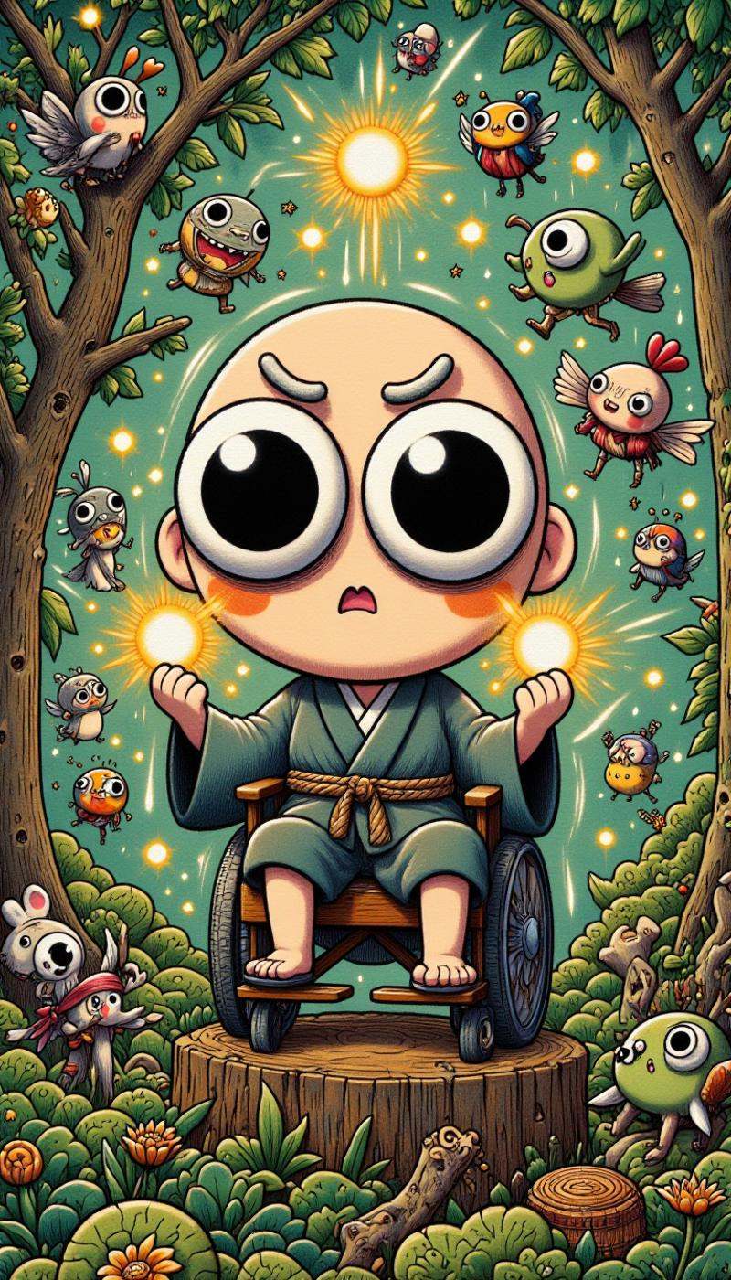 <lora:ZanyEyesStyleFlux:1.0>Charles Xavier, a serene elderly man with a shaved head and wispy white eyebrows, sits cross-legged on a lush, moss-covered tree stump in the heart of a mystical, ancient forest. He gently closes his eyes and raises his hands, palms up, as his wheelchair disappears into the foliage behind him. A soft, ethereal glow emanates from his fingertips, and the surrounding air is filled with a thousand twinkling, iridescent fireflies that begin to swirl around him in a mesmerizing, psychic dance.