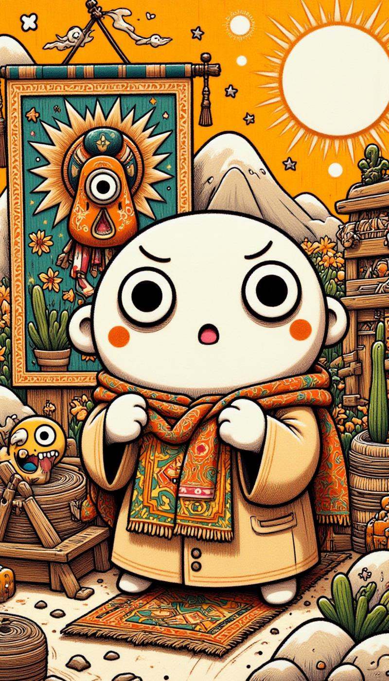 <lora:ZanyEyesStyleFlux:1.0>A desert hermit digs in a sun-bleached junkyard, uncovering a torn tapestry.