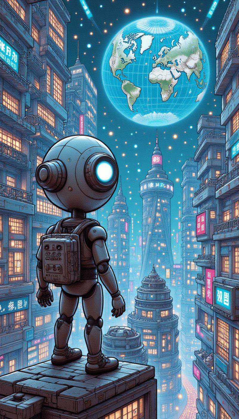 <lora:ZanyEyesStyleFlux:1.0>A lone, futuristic, robotic mayor stands atop a sleek, silver skyscraper in a densely populated, neon-lit metropolis, gazing out over the city as a massive, holographic 3D map of the city's infrastructure and services hovers before them, their glowing blue eyes scanning the data streams as they contemplate the next phase of urban development.