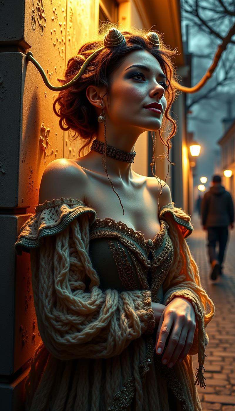 W00lyW0rld Oil painting of an ethereal street performer swallowing shadows,  mystical atmosphere,  tapestry of memories an...