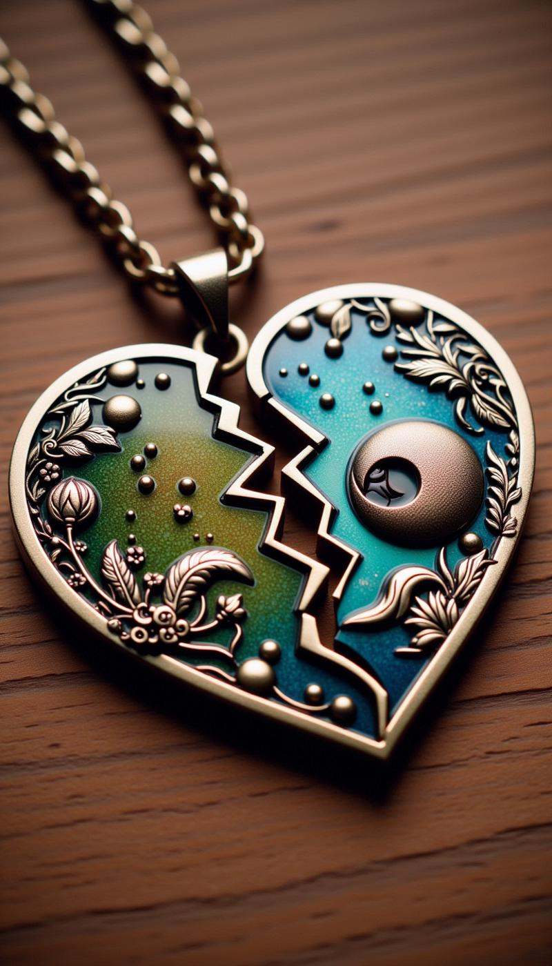 <lora:SplitHeartFlux:1>SplitHeart, brass heart, (Token:1.2)|(Galaxy:1.2), Steel chain, wooden background