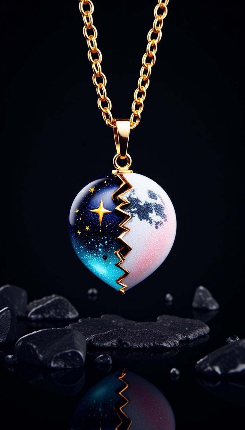 <lora:SplitHeartFlux:1>SplitHeart, star stuff (a fictional substance) heart, (Moon:1.2)|(Handheld:1.2), Glass chain, dark stone background