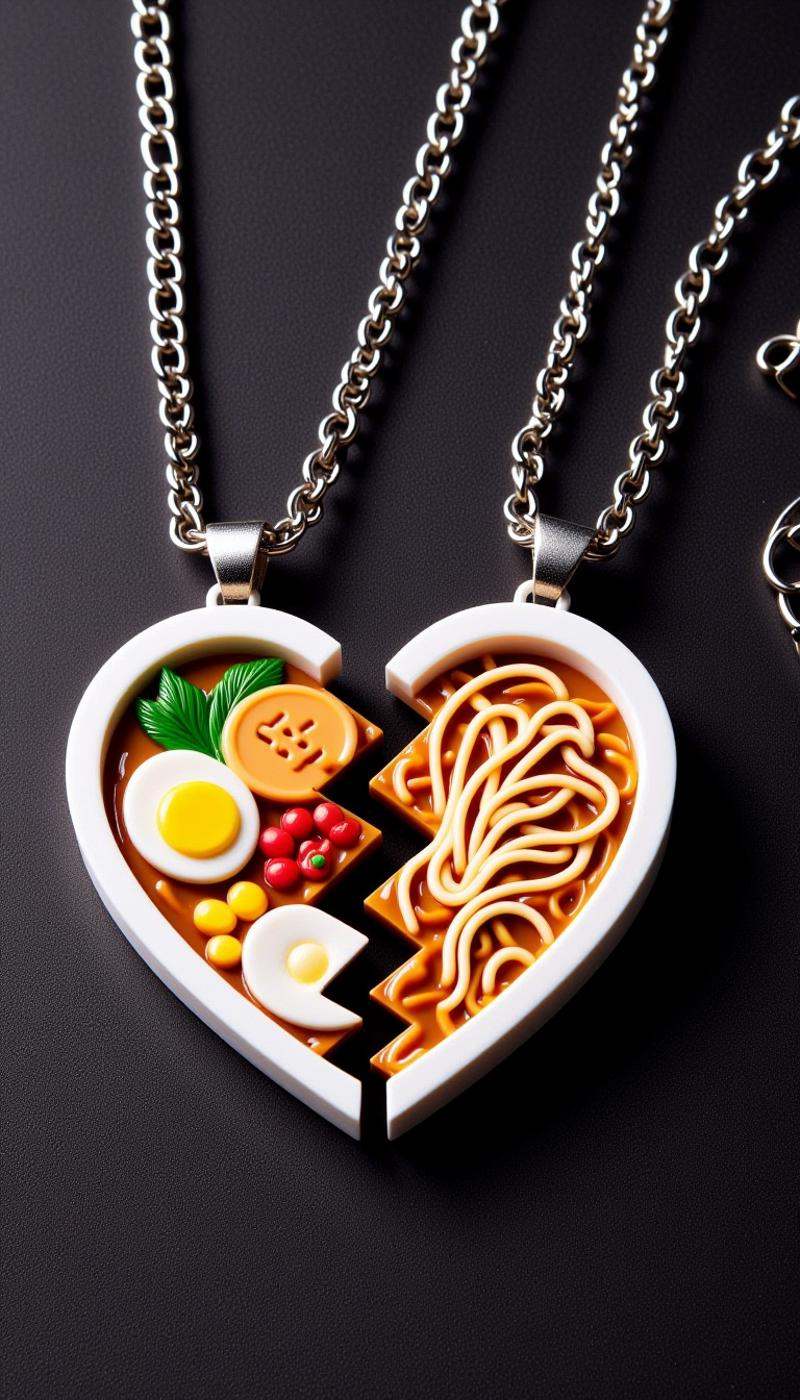 <lora:SplitHeartFlux:1>SplitHeart, pvc heart, (love potion:1.2)|(Ramen:1.2), Melamine board chain, dark stone background