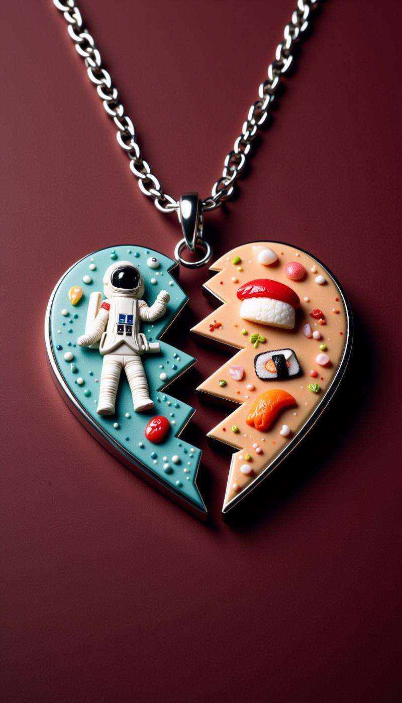 <lora:SplitHeartFlux:1>SplitHeart, clay tiles roof diorite stone heart, (Astronaut:1.2)|(Sushi:1.2), mithril alloy beams chain, Maroon gradient background
