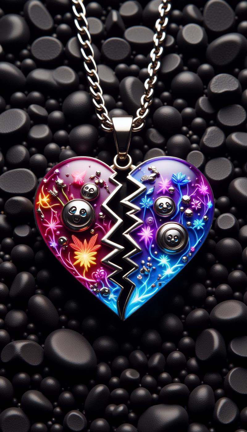 <lora:SplitHeartFlux:1>SplitHeart, photography equipment heart, (Jacket:1.2)|(Panda:1.2), aluminum chain, dark stone background