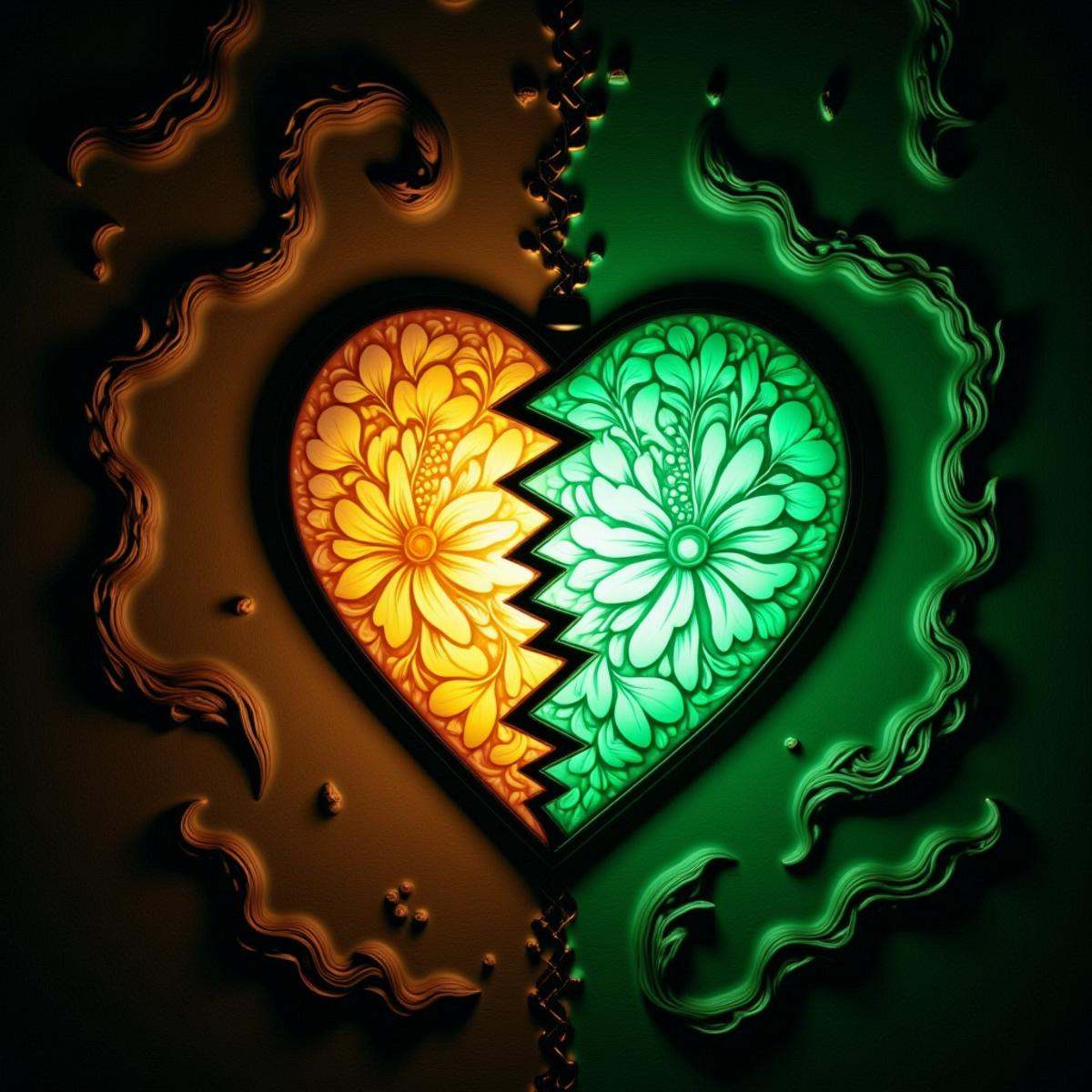 <lora:SplitHeartFlux:1>SplitHeart, fresco (for wall paintings) heart, (Lightbulb:1.2)|(Mallet:1.2), animation tool (light table, animation software) chain, Irish Green gradient background