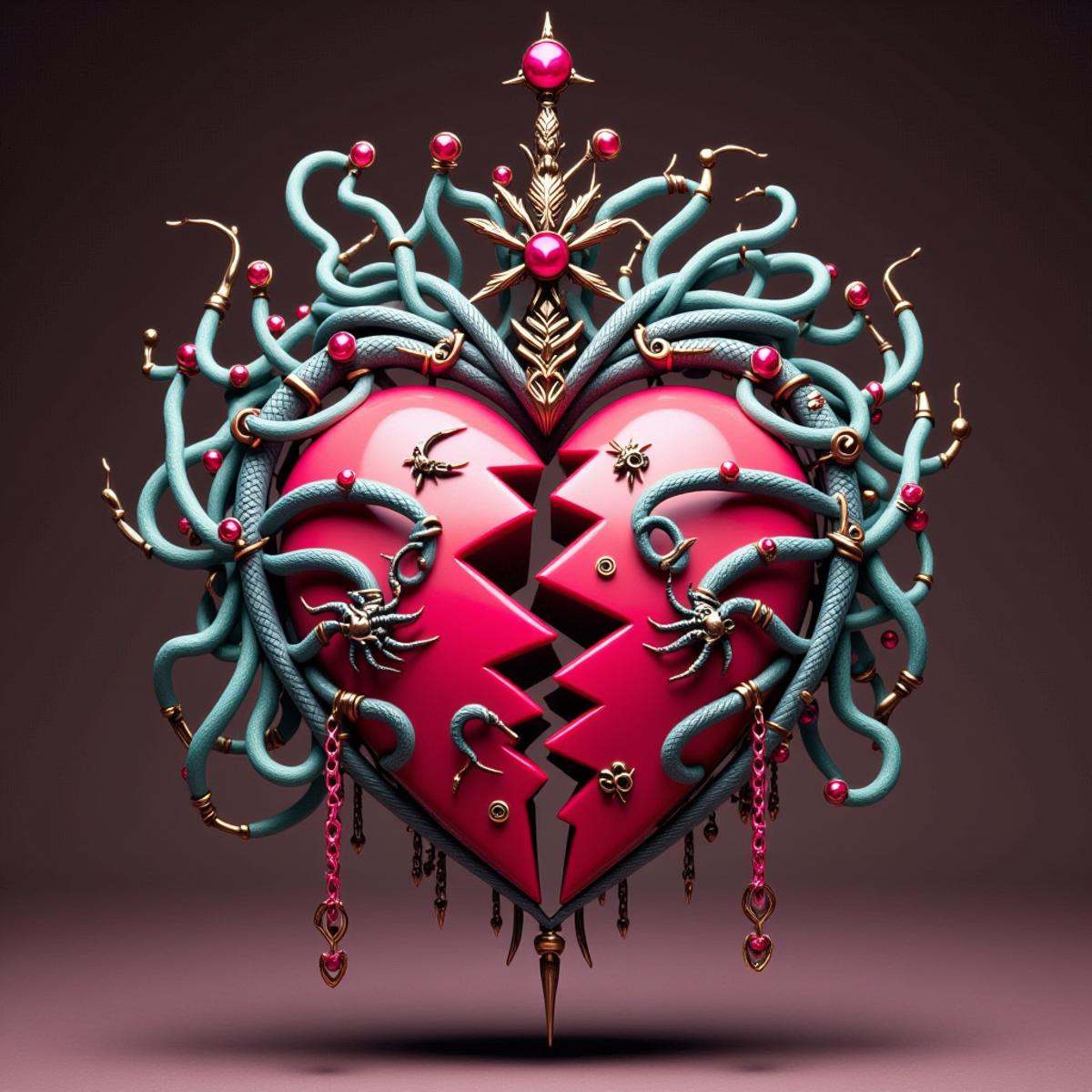<lora:SplitHeartFlux:1>SplitHeart, plaster heart, (Spool:1.2)|(spider-infested crown:1.2), self-repairing nanite-infused structures chain, Ruby red Mesh Garter Belt with Stockings gradient background