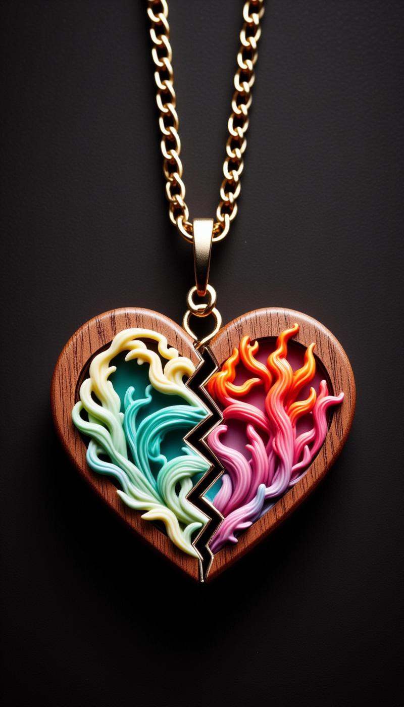 <lora:SplitHeartFlux:1>SplitHeart, Teak heart, (Watering:1.2)|(Pillbox:1.2), Firebrick chain, dark stone background