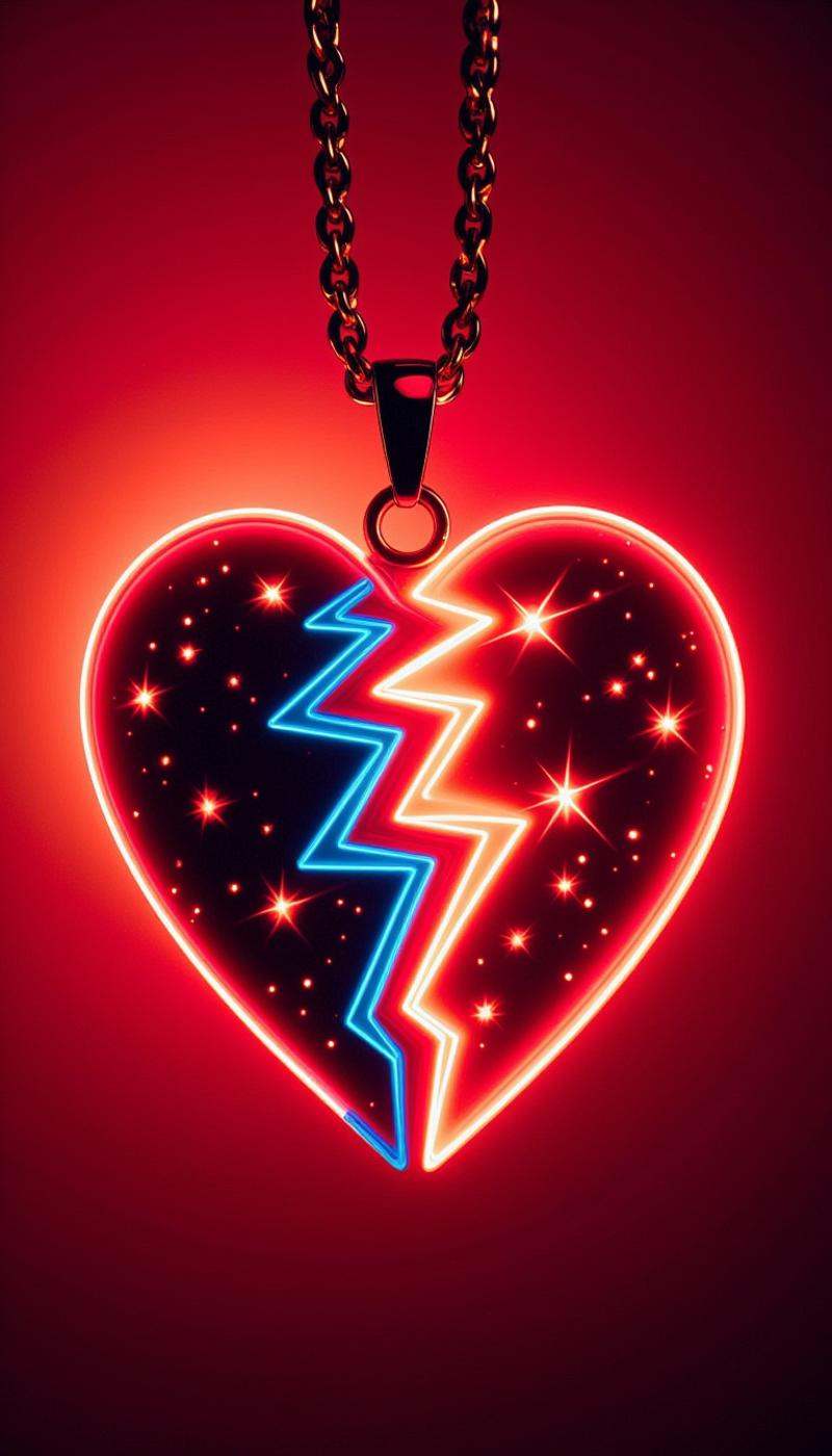 <lora:SplitHeartFlux:1>SplitHeart, studs heart, (Electric:1.2)|(Quasar:1.2), oil chain, Red Mesh Teddy gradient background