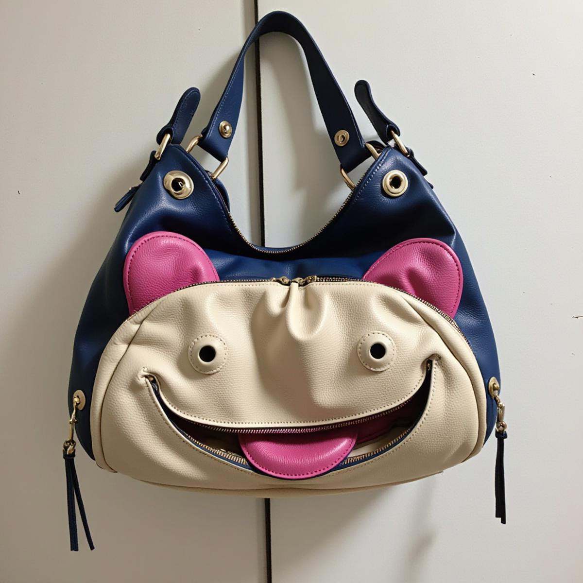 <lora:PareidoliaFlux:1>Pareidolia a handbag that looks like a face