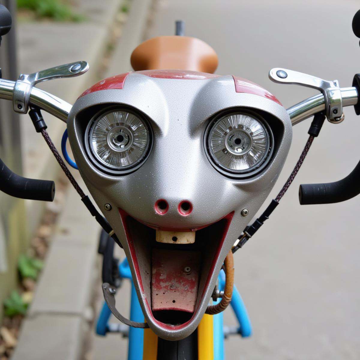 <lora:PareidoliaFlux:1>Pareidolia a Bicycle that looks like a face
