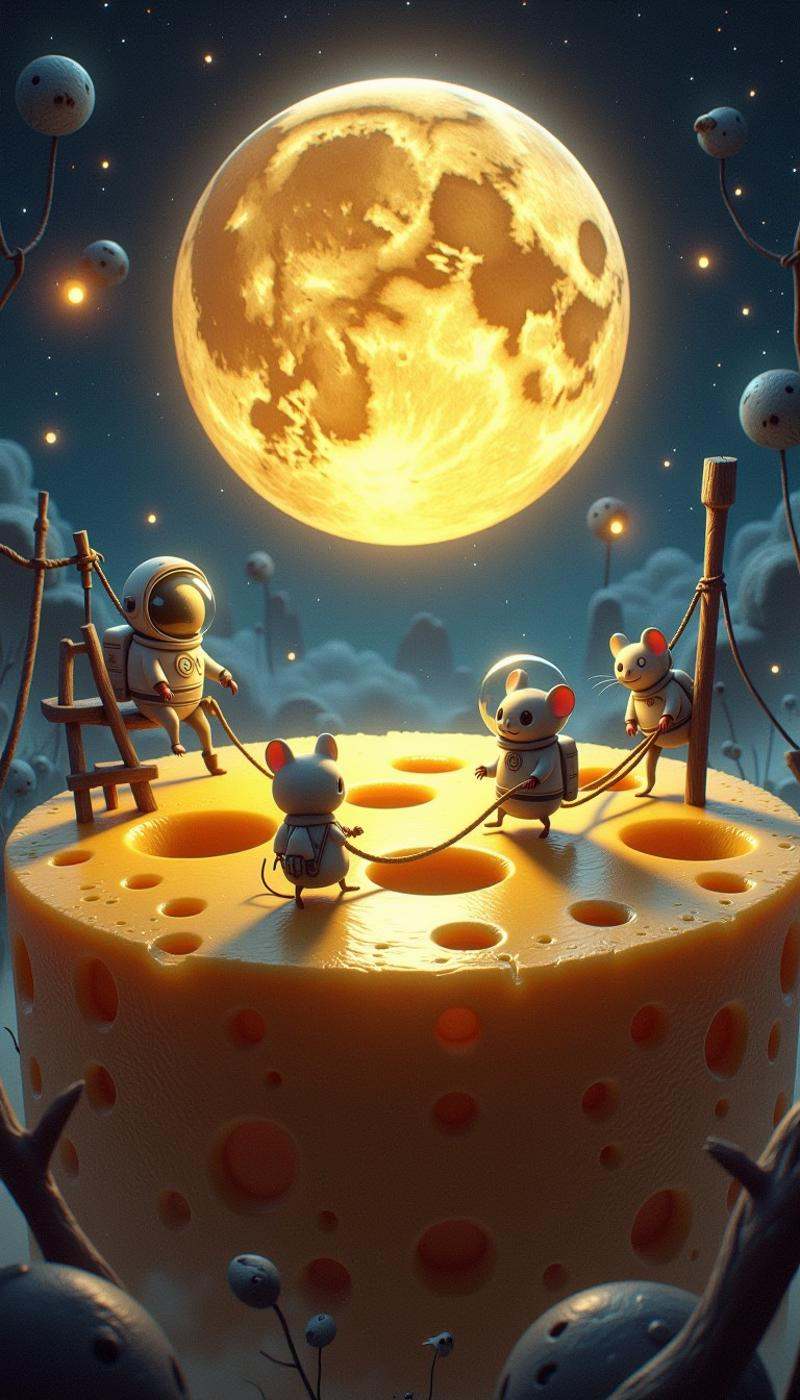 CozySpookyStyle atmospheric dark and charming. . surreal digital art of a full moon made of cheese,  craters resembling ho...