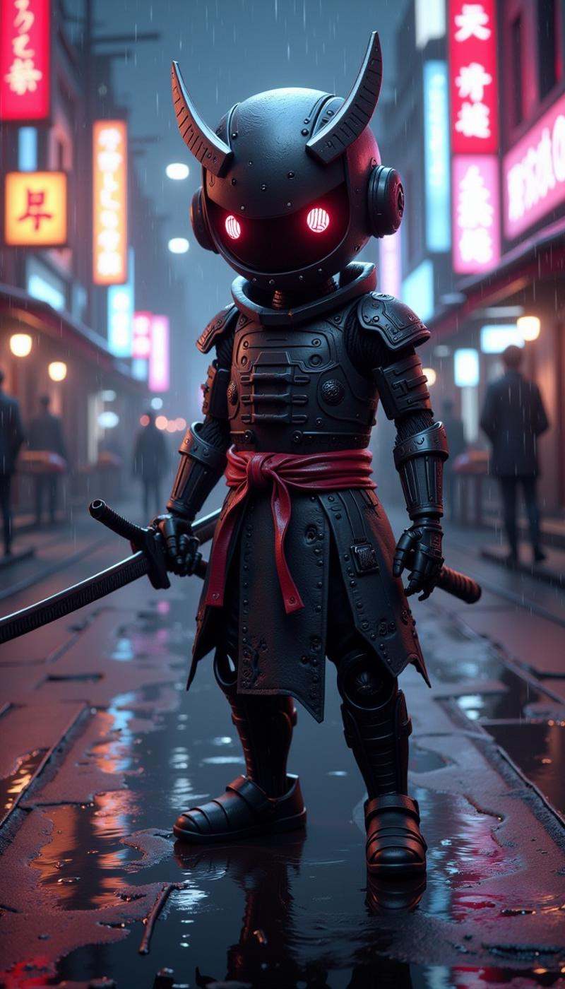 CozySpookyStyle atmospheric dark and charming. . 3D render of a robotic samurai in futuristic Tokyo,  neon lights,  rainy...