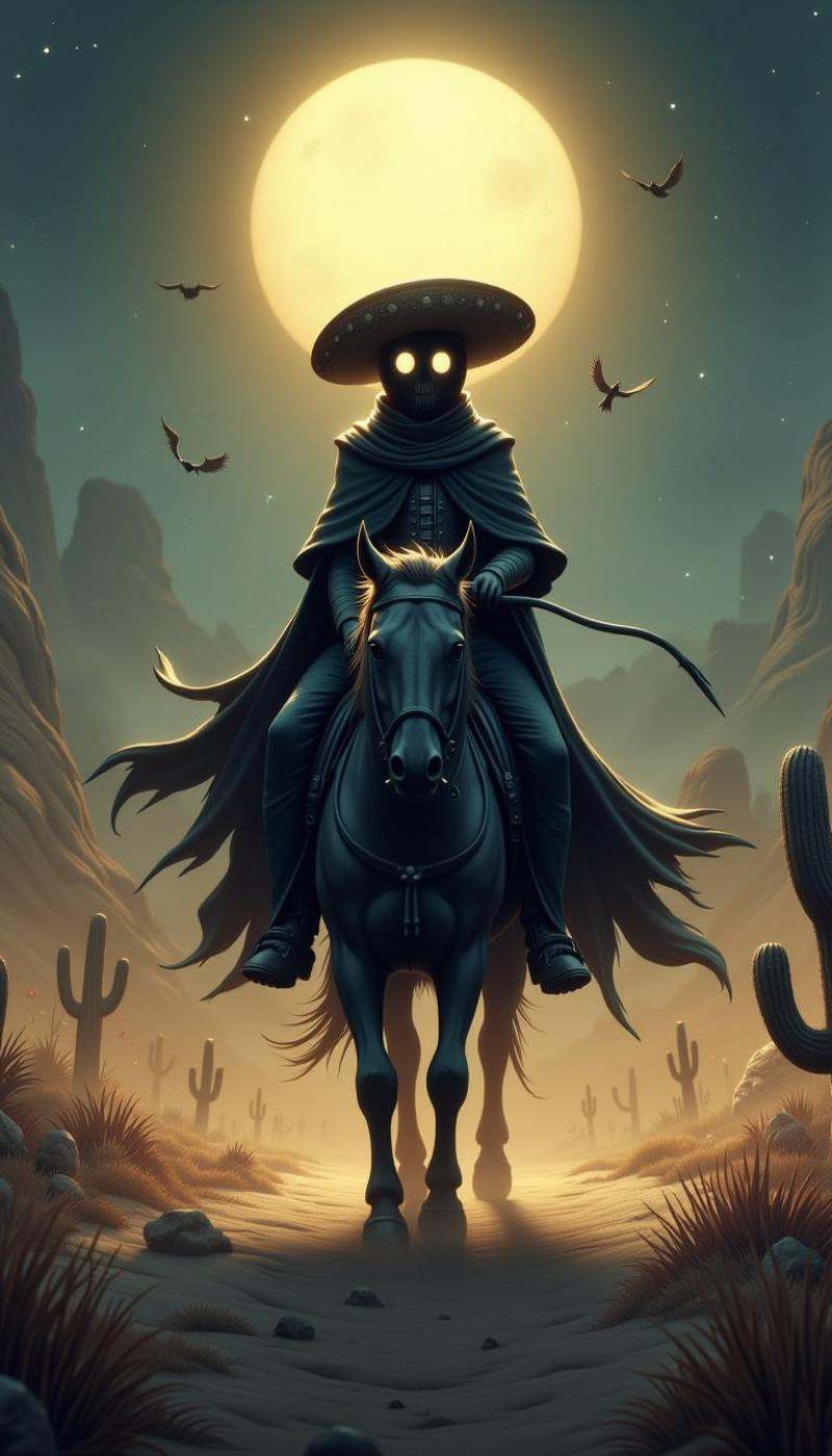 CozySpookyStyle atmospheric dark and charming. . a ghostly Spanish Conquistador riding through a barren desert. Digital il...
