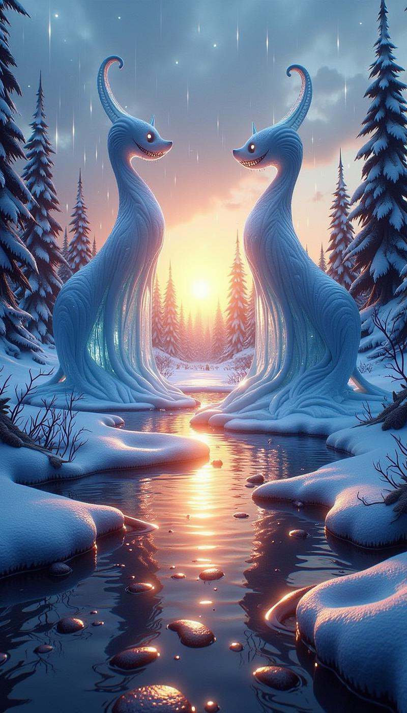 CozySpookyStyle atmospheric dark and charming. . Realistic ice sculptures with whimsical shapes,  melting in the golden li...