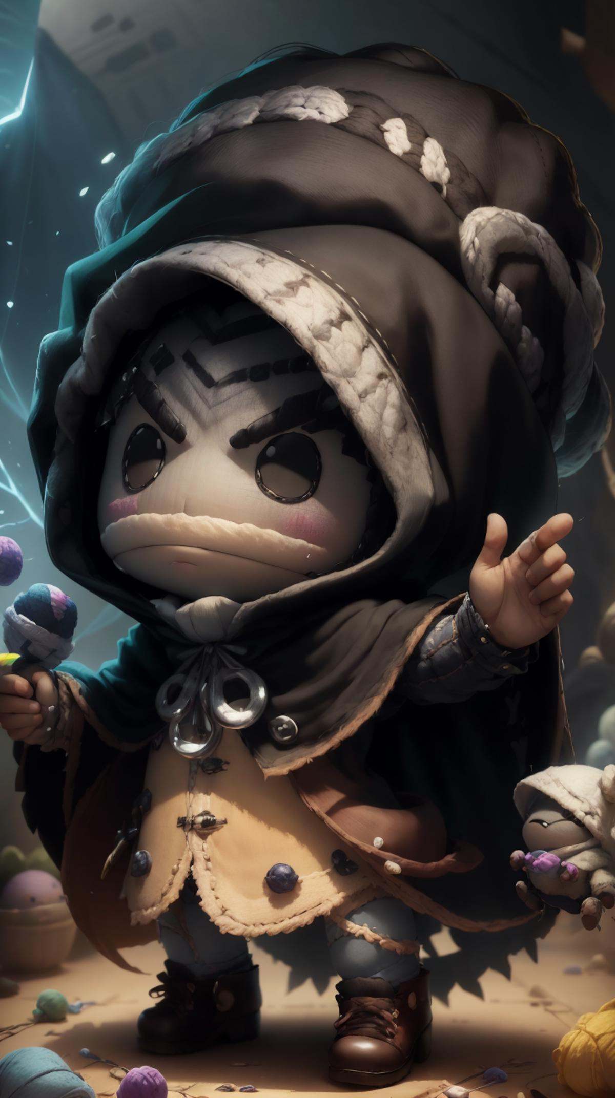 littlebigplanet sackbaby Cloak black guy with a dark cloak,  big swirling shapes,  mystical cloak with infinity inside by...