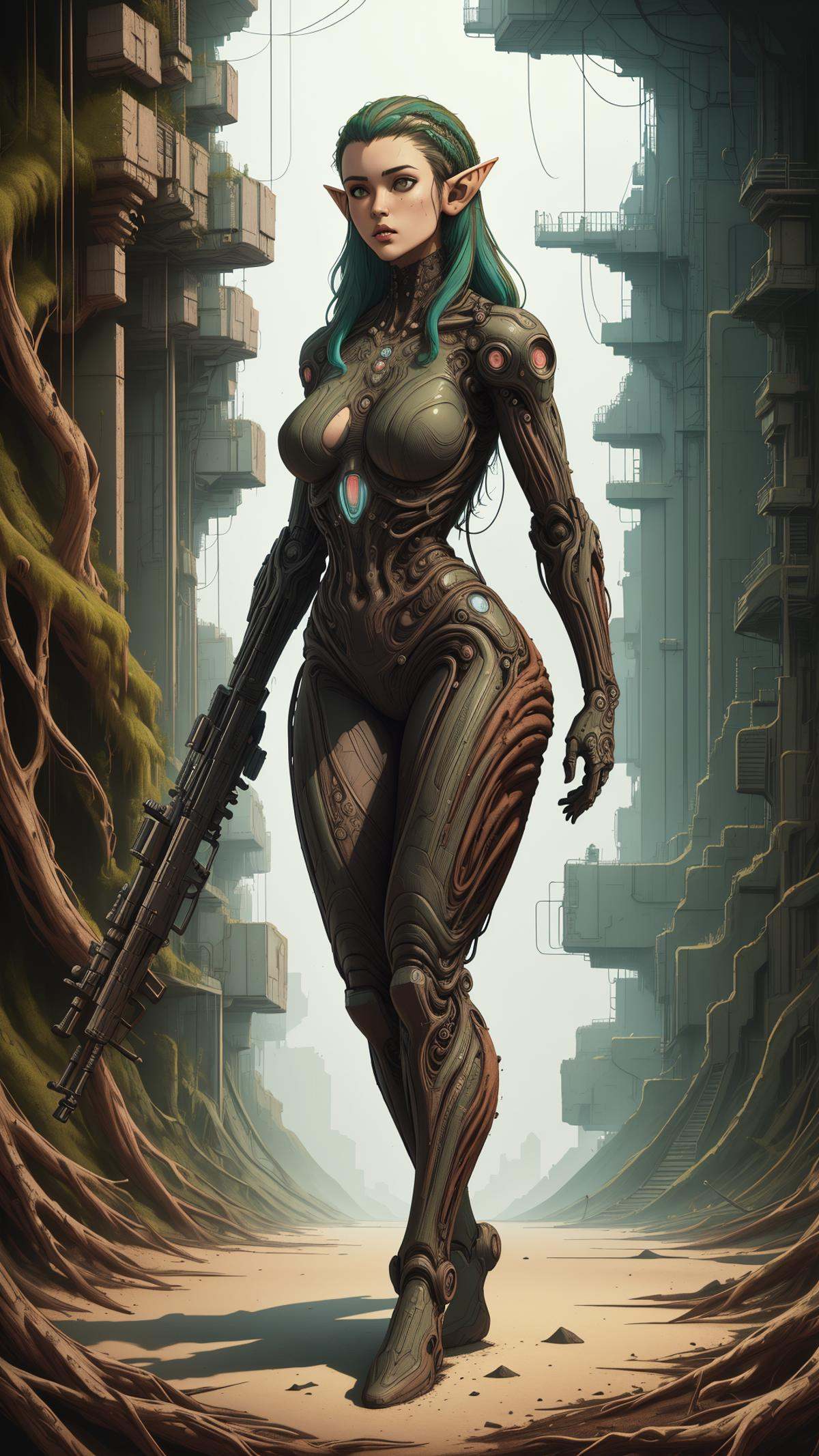<lora:ElementEarth:0.8>ElementEarth a highly detailed long shot photo of cyberpunk female character by ayami kojima, elf, beksinski, giger, elf, rifle, intricate, digital painting, artstation, concept art, smooth, sharp focus, full body, nature inspired, natural, earth, dirt, (Masterpiece:1.3) (best quality:1.2) (high quality:1.1)