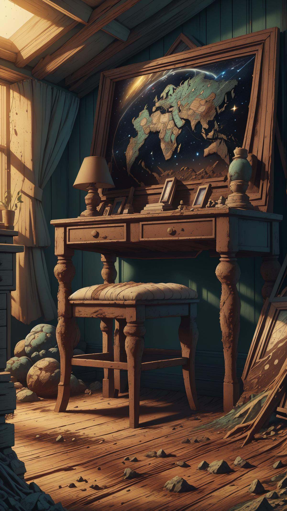 <lora:ElementEarth:1.0>ElementEarth An antique celestial map, tattered and worn, hanging in a dimly lit attic. The map is filled with intricate constellations and galaxies, swirling together in a beautiful chaos. Stars twinkle faintly, casting soft, warm light across the room. Old trinkets and forgotten memories litter the wooden floorboards and shelves, haphazardly displayed as if caught in a dreamer's nostalgic whim. A sense of history and mystery permeates the air, inviting the viewer to explore the hidden stories waiting to be uncovered in this Museum of Forgotten Dreams., nature inspired, natural, earth, dirt, (Masterpiece:1.3) (best quality:1.2) (high quality:1.1)