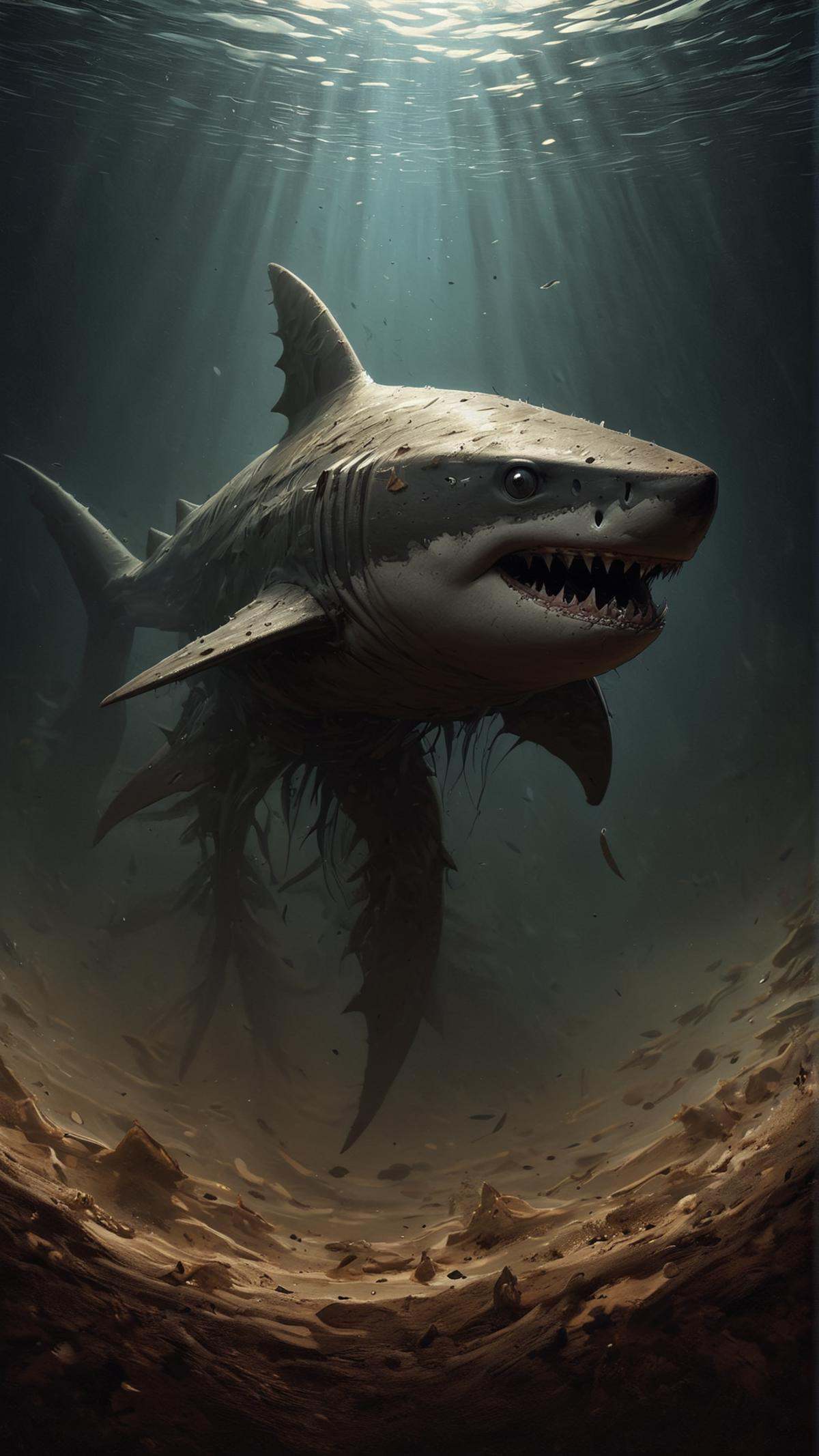 ElementEarth a prehistoric shark patrolling the dark depths of a primordial ocean by mnemic on Tensor.Art
