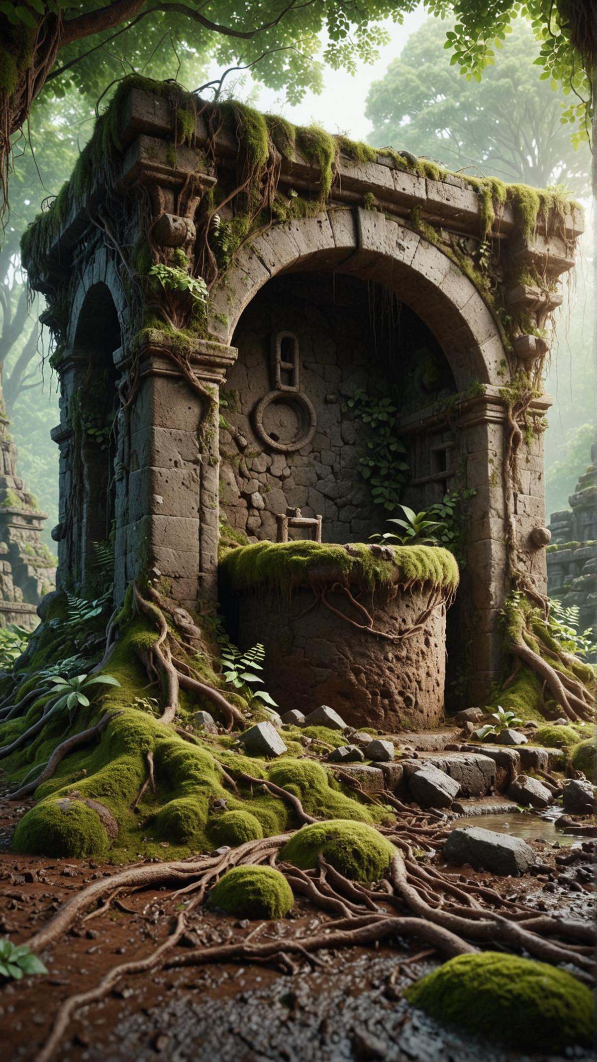 ElementEarth Realistic 3D render of an overgrown,  ancient stone well nestled among the ruins of a forgotten civilization,...