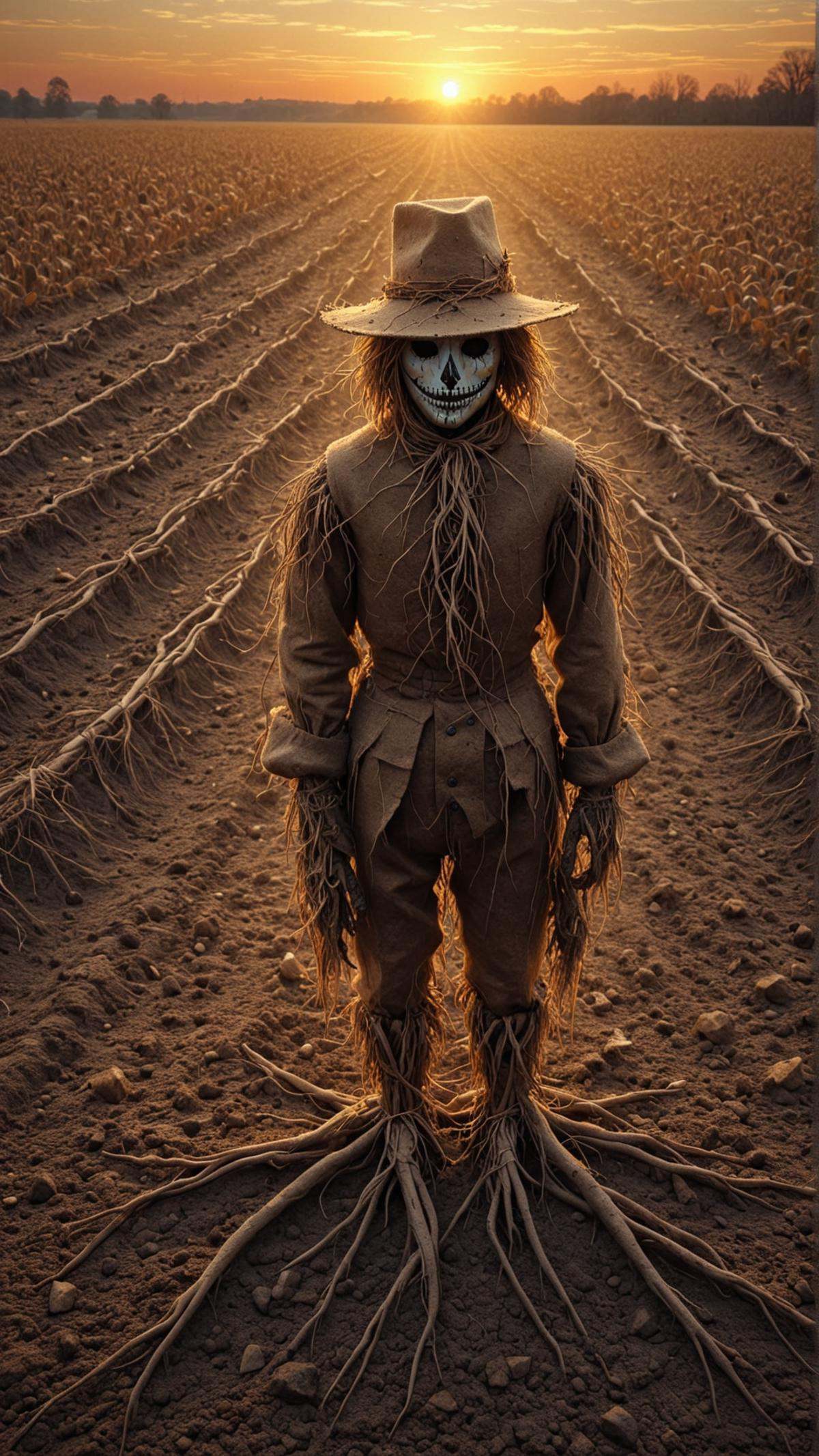 ElementEarth Kaleidoscope style image,  melancholic scarecrow in a barren field,  single gaze expressing a range of emotio...