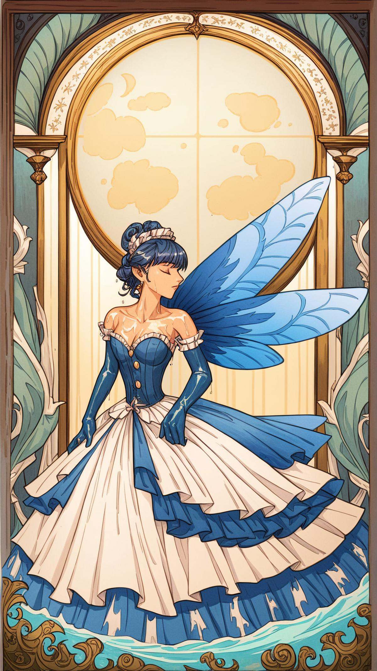 <lora:ElementWaterPDXL:0.7>score_9, score_8_up, score_7_up, score_6_up, ElementWater Fantasy art of a lone dancer on a moonlit stage, Victorian era, Bustle dress, Long gloves, Satin shoes, Fairy-like wings, Peacock feather fan, Full moon backdrop, Spotlight, Mysterious atmosphere, Lavender and gold color scheme, Intricate patterns, Velvet curtains, Gilded details, Oil painting, Highly detailed, Dramatic shadows, Art Nouveau, Framed artwork, Canvas, nature inspired, water,  wet, drops, (Masterpiece:1.3) (best quality:1.2) (high quality:1.1)