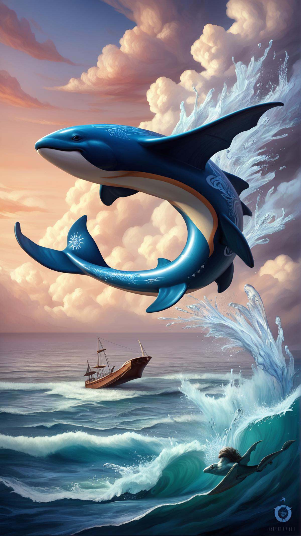 <lora:ElementWaterPDXL:0.5>score_9, score_8_up, score_7_up, score_6_up, ElementWater Realistic oil painting, large blue whale breaching ocean's surface, splashing water, vibrant sunset colors, orange, pink, and purple hues, calm sea, misty atmosphere, clear horizon, sailboat in the distance, dramatic clouds, soft light, serene mood, tranquil, peaceful, intricate details, textured, high-resolution, vivid, detailed, masterpiece, art print, wall art, (Masterpiece:1.3) (best quality:1.2) (high quality:1.1)