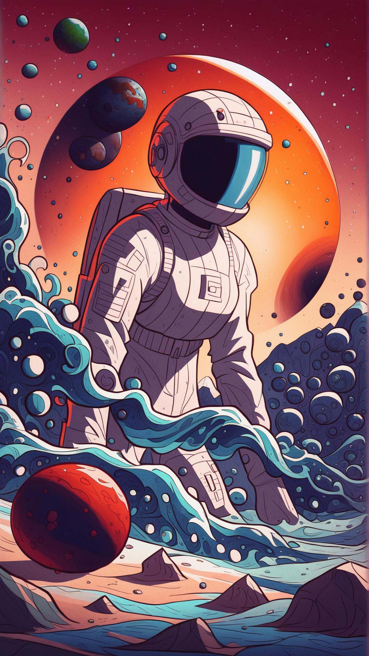 <lora:ElementWaterPDXL:0.9>score_9, score_8_up, score_7_up, score_6_up, ElementWater Lonely astronaut, Mars, red planet, sandy landscape, rover vehicle, helmet, spacesuit, sad expression, orange sky, rocks, dust, desolate, isolated, lonely, contemplative, melancholic, moody, vibrant colors, contrast, detailed, digital painting, textured, dynamic lighting, dramatic shadows, high resolution, concept art, illustration, artstation, wallpaper, nature inspired, water,  wet, drops, (Masterpiece:1.3) (best quality:1.2) (high quality:1.1)