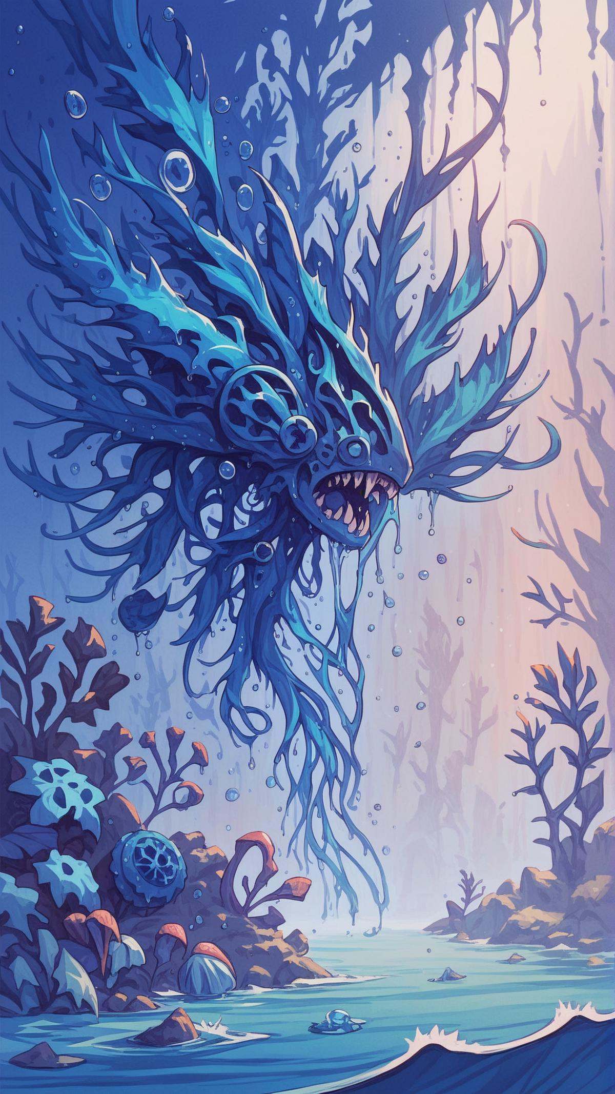 <lora:ElementWaterPDXL:0.9>score_9, score_8_up, score_7_up, score_6_up, ElementWater terrifying sea creatures crawling up onto the coastal bulwark during a moonlit high tide, nature inspired, water,  wet, drops, (Masterpiece:1.3) (best quality:1.2) (high quality:1.1)
