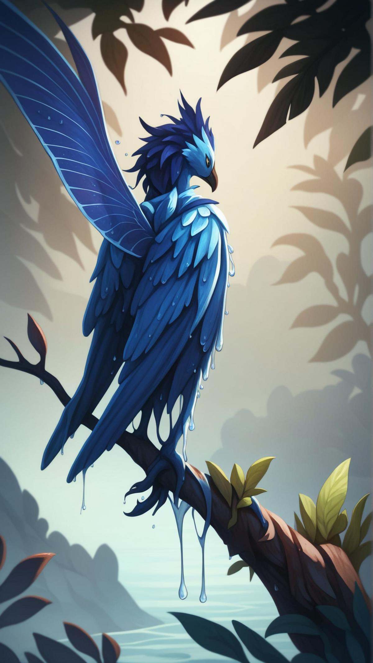 <lora:ElementWaterPDXL:0.7>score_9, score_8_up, score_7_up, score_6_up, ElementWater Realistic painting of a small, drowsy newborn bird, sitting on a branch, surrounded by a labyrinth of time, depicted with a moonlit carnival in the background, using a warm color palette, with a soft, blurred background and a sharp focus on the bird, using a side angle, nature inspired, water,  wet, drops, (Masterpiece:1.3) (best quality:1.2) (high quality:1.1)