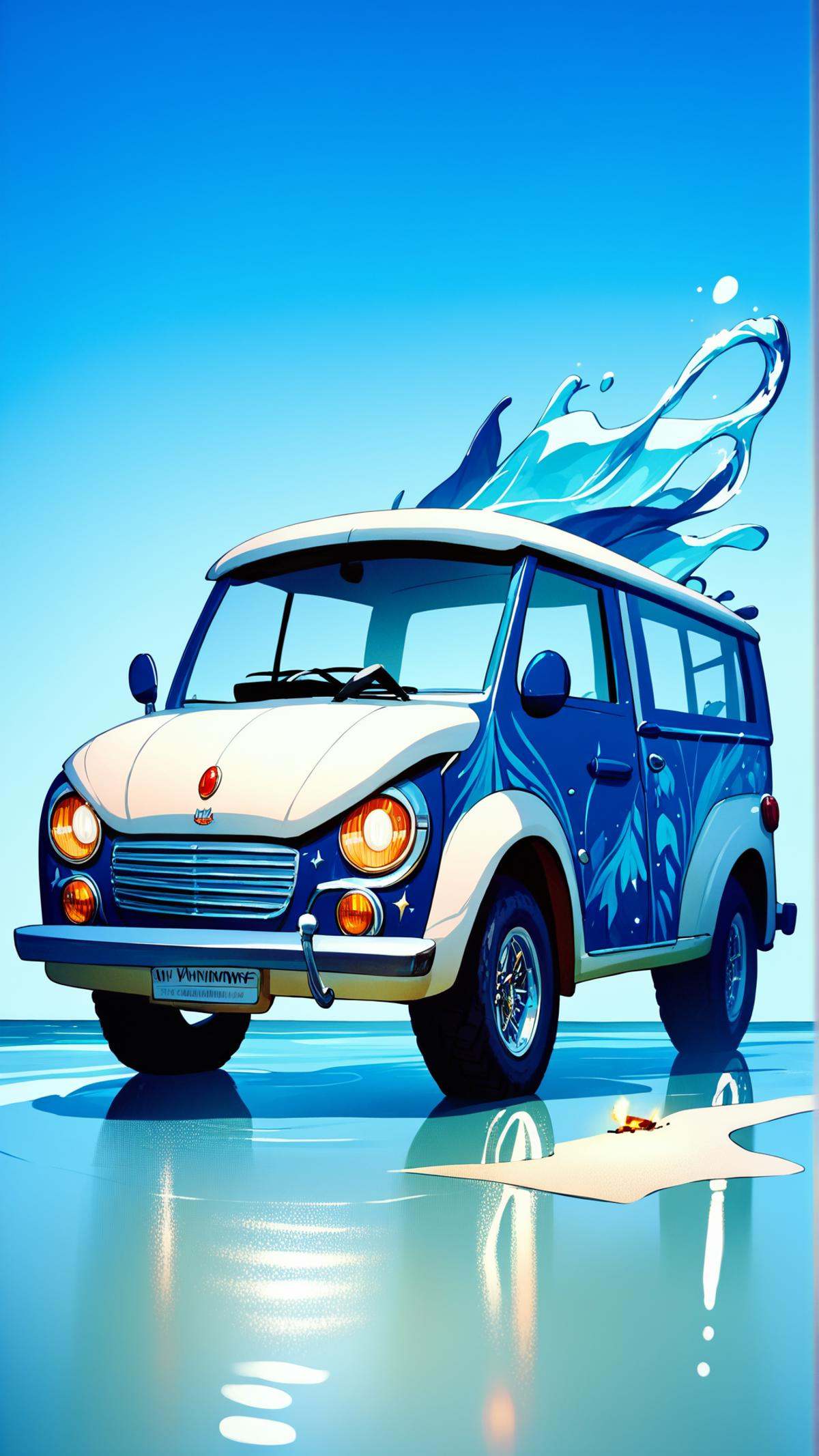 <lora:ElementWaterPDXL:0.7>score_9, score_8_up, score_7_up, score_6_up, source_anime, ElementWater a vintage Volkswagen camper van parked near a cozy campfire, (Masterpiece:1.3) (best quality:1.2) (high quality:1.1)