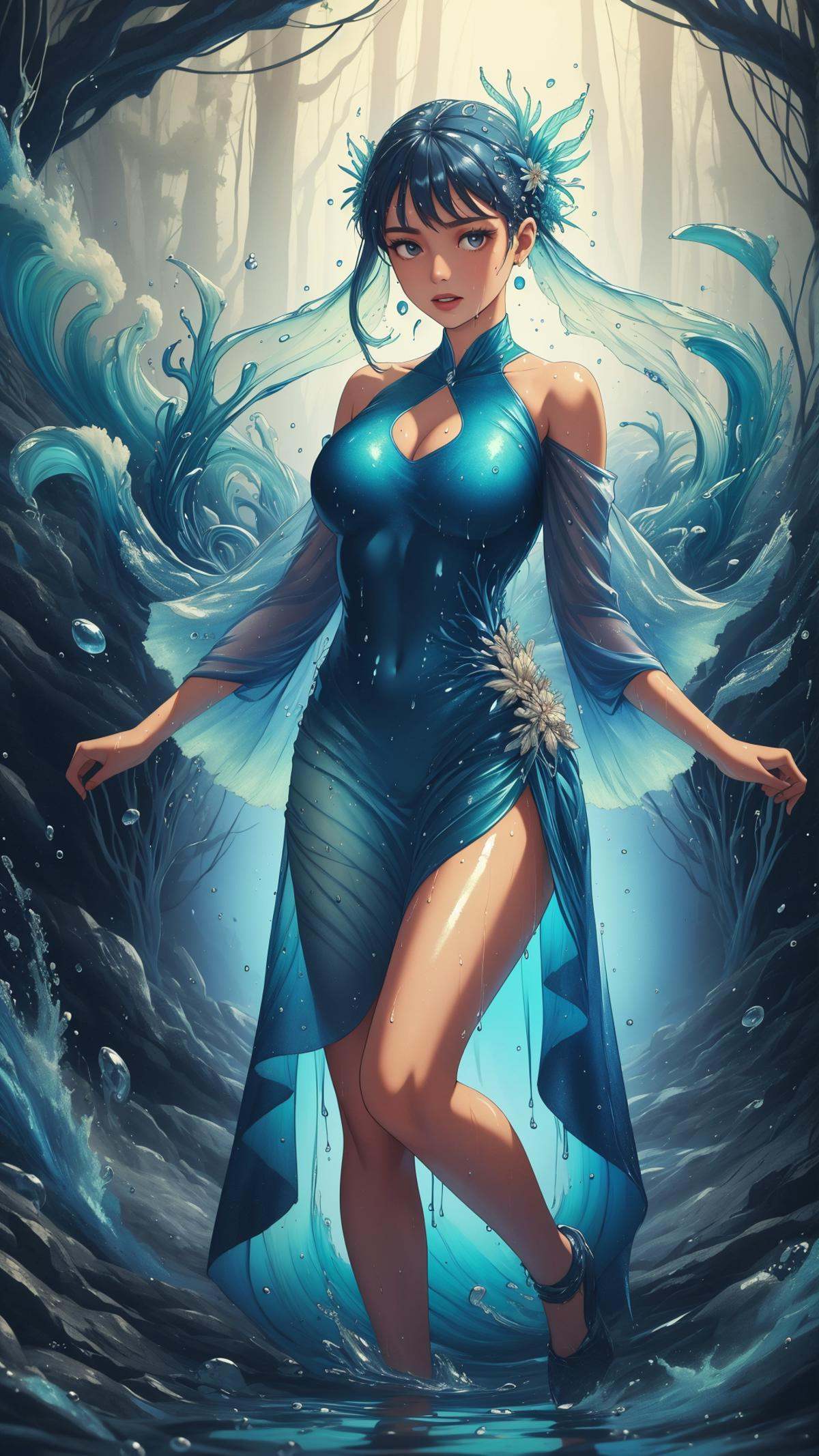 <lora:ElementWater:0.9>ElementWater Dresses, nature inspired, water,  wet, drops, (Masterpiece:1.3) (best quality:1.2) (high quality:1.1)