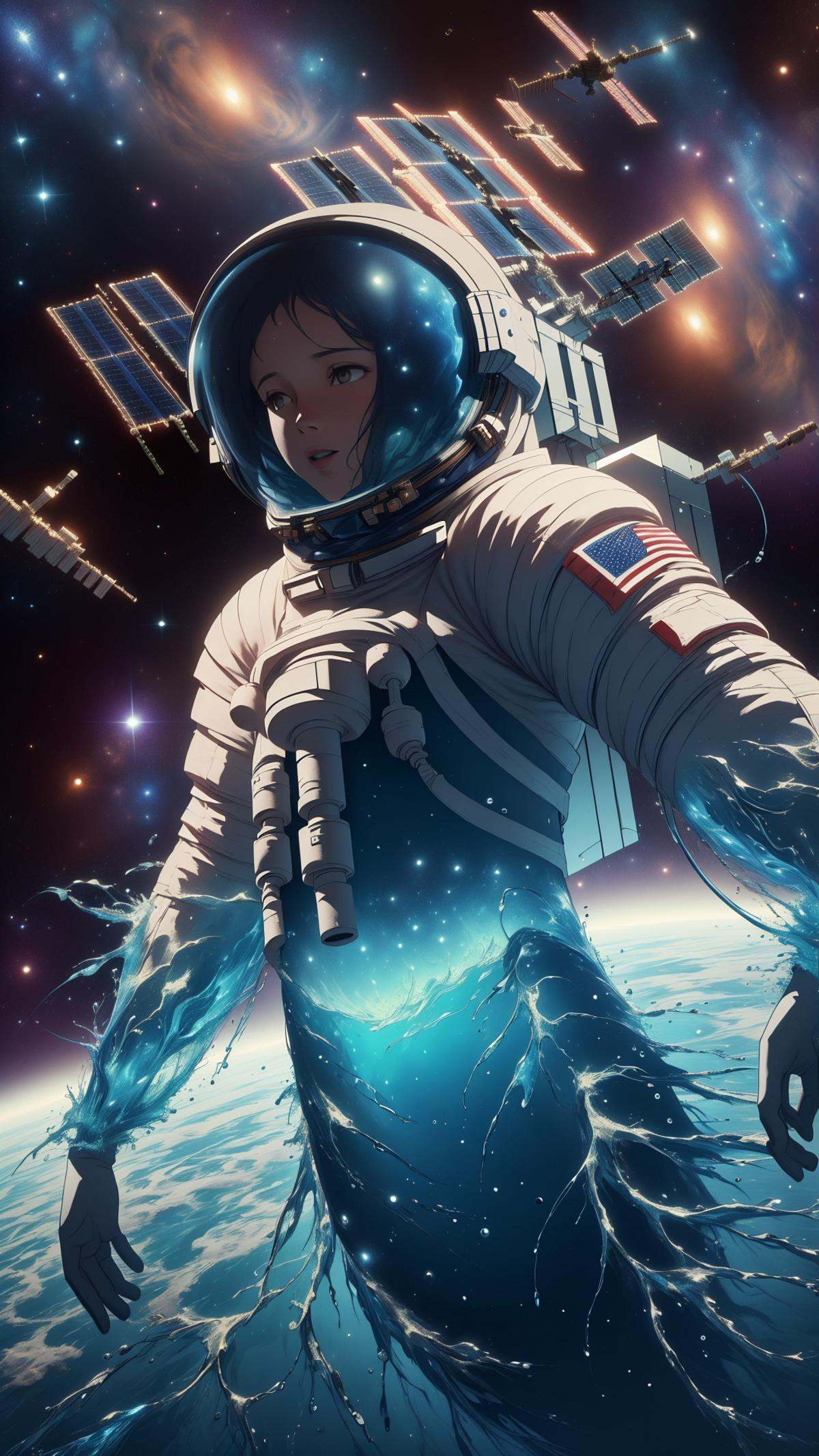 <lora:ElementWater:1.0>ElementWater an international team of astronauts conducting research on a large space station, nature inspired, water,  wet, drops, (Masterpiece:1.3) (best quality:1.2) (high quality:1.1)