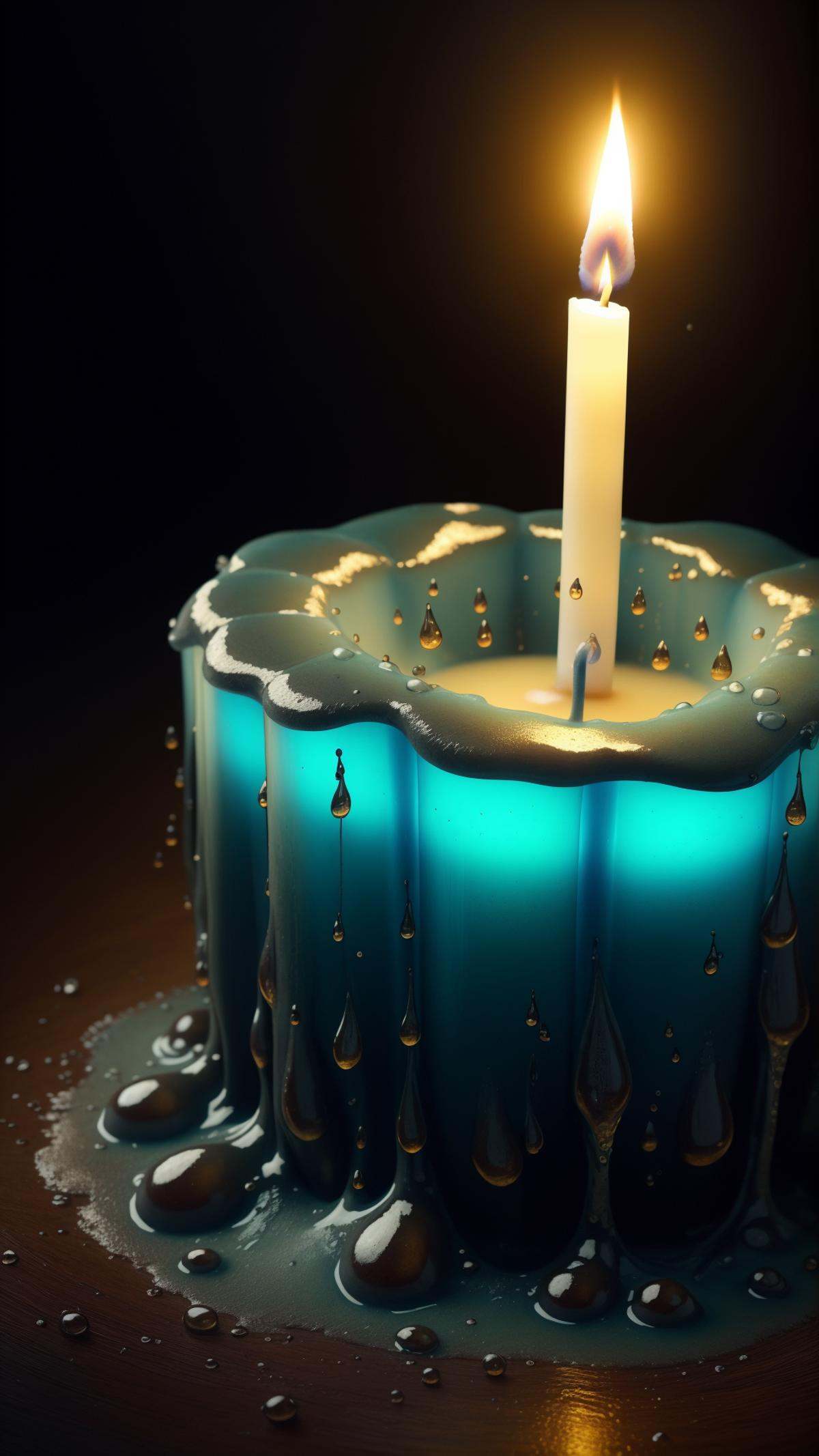 <lora:ElementWater:0.7>ElementWater Realistic oil painting, dripping candle wax, warm, orange and yellow colors, melting wax, detailed texture, rough surface, close-up view, focus on the candle, dark background, chiaroscuro, dramatic contrast, dimly lit, nature inspired, water,  wet, drops, (Masterpiece:1.3) (best quality:1.2) (high quality:1.1)