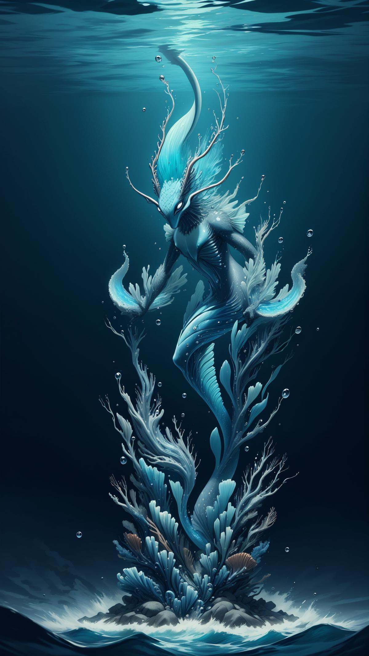 <lora:ElementWater:0.9>ElementWater magical creature of the deep sea, nature inspired, water,  wet, drops, (Masterpiece:1.3) (best quality:1.2) (high quality:1.1)