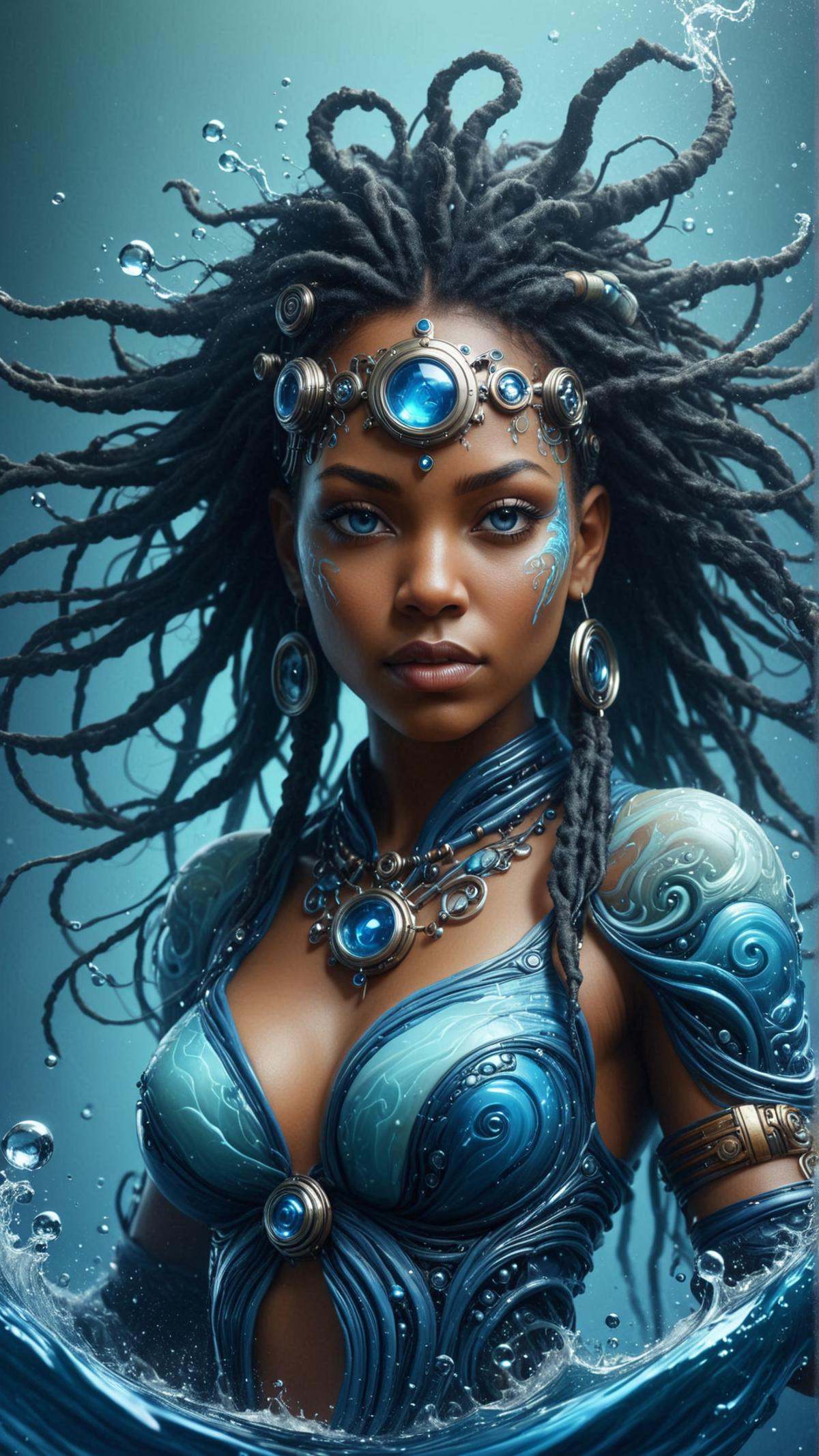 <lora:ElementWaterSDXL:1>ElementWater african shaman, steampunk alchemist, science fiction, highly detailed, digital painting, beautiful eyes, symmetry, concept art, sharp focus, illustration, art by artgerm and greg rutkowski and magali villeneuve and ilya kuvshinov!, water, swirling, splash