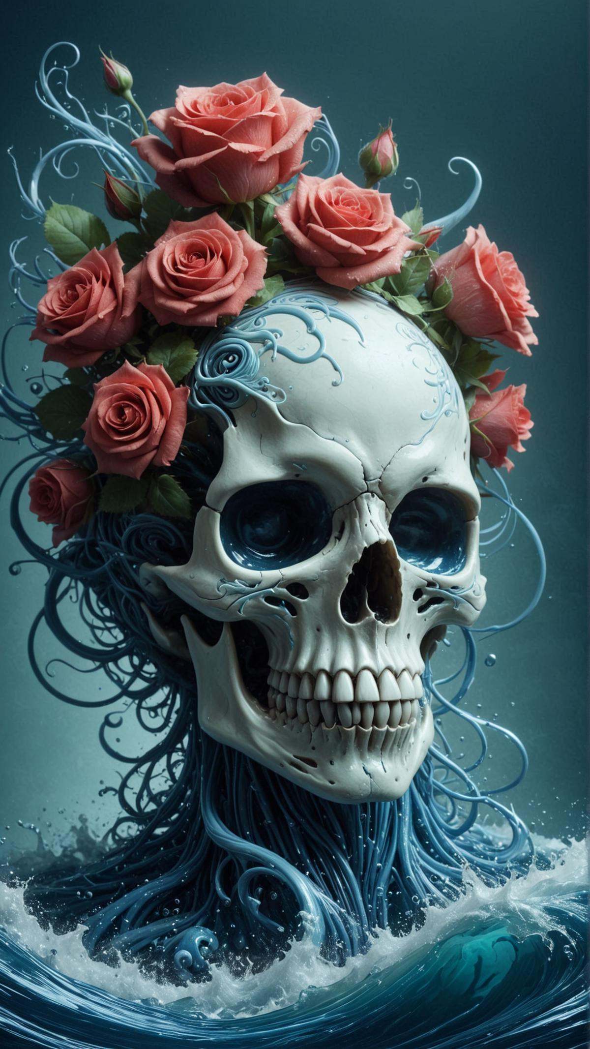 <lora:ElementWaterSDXL:1>ElementWater skull made of red roses, organic horror, devil, death, giger, epic, baroque, extremely detailed and intricate, artstation, digital painting, alphonse mucha, artgerm, greg rutkowski, cgsociety, water, swirling, splash