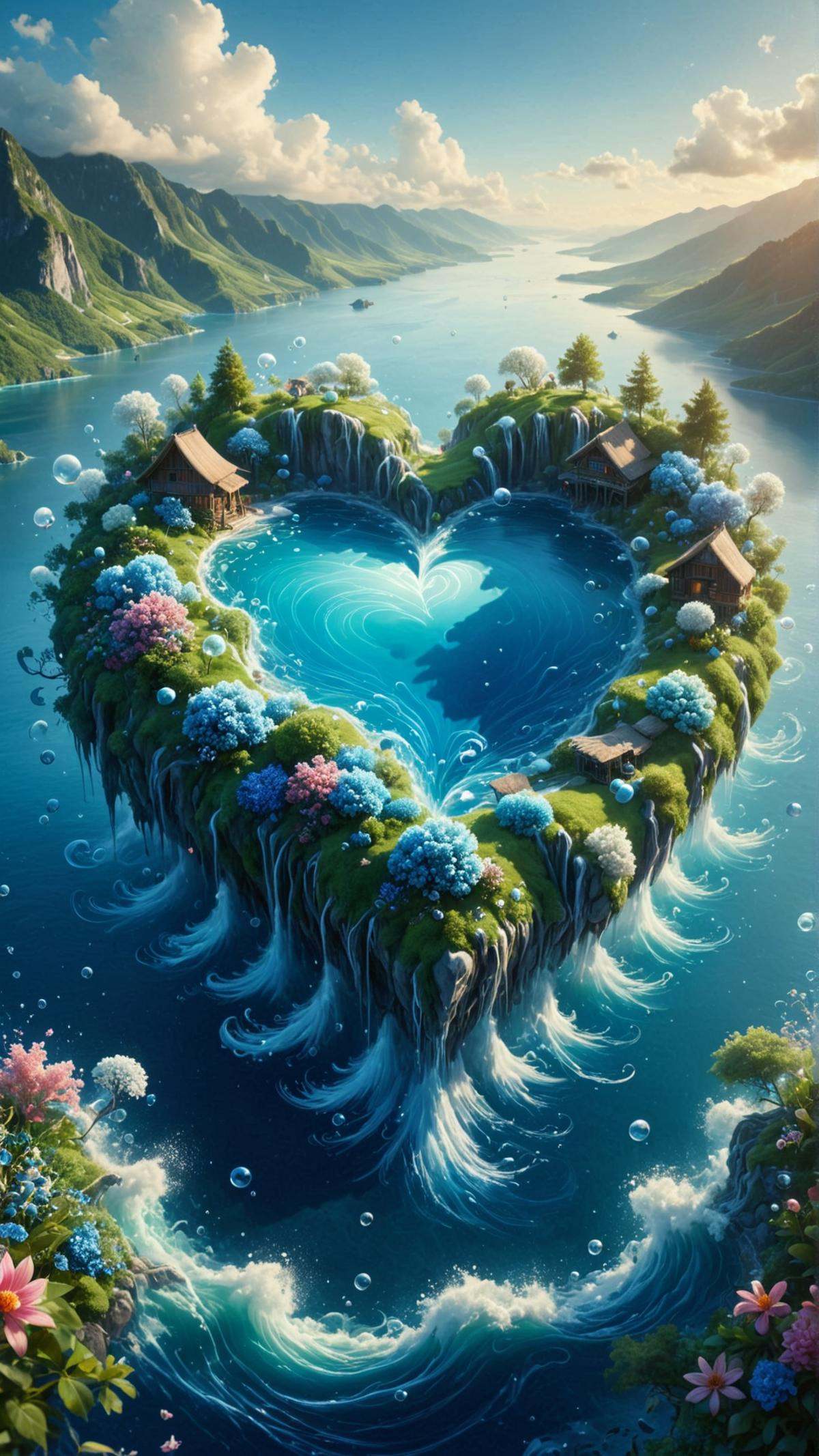 <lora:ElementWaterSDXL:1>ElementWater Fantasy illustration of a heart-shaped island floating among fluffy clouds, lush greenery, colorful flowers, clear blue water, waterfalls, small thatched huts, people in traditional clothing, warm sunshine, bright blue sky, dramatic birds-eye view, vibrant, detailed, whimsical, fairy tale, magical, illustration, artstation, concept art, digital painting, illustration, wide angle, artbook, wallpaper, splash art, promo art, dramatic lighting, water, swirling, splash