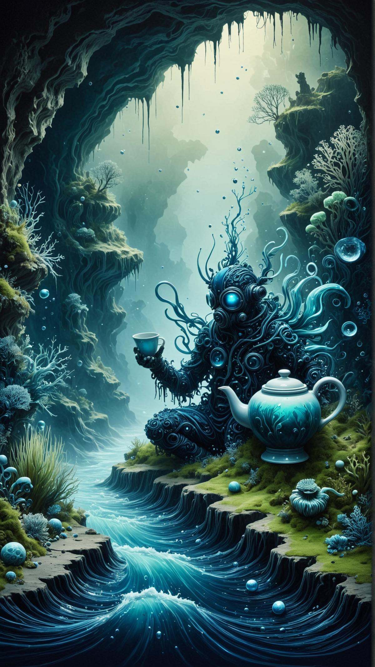<lora:ElementWaterSDXL:1>ElementWater Inkblot art of a discovered underwater cave with remnants of a lost civilization, Tea party setup with cups, saucers, and a teapot on a stone table, dimly lit by bioluminescent plants and fish, Diver in scuba gear exploring, Ancient artifacts, Moss and algae covered walls, Ornate patterns and symbols on pottery and structures, Calm and mysterious atmosphere, Blue and green hues, High contrast, Ink and watercolor style, A4 paper size, 300 dpi, water, swirling, splash