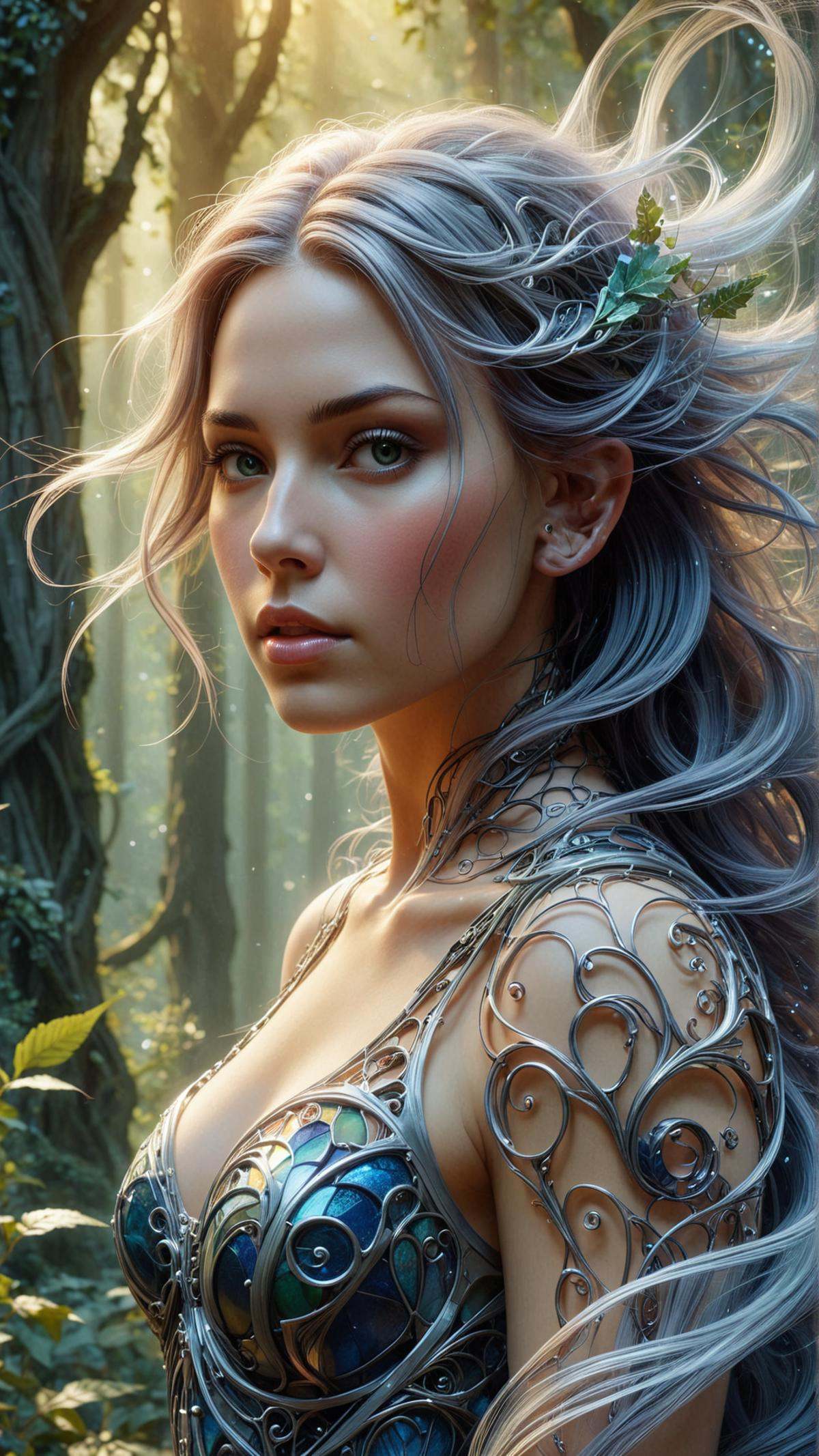 <lora:ElementWindSDXL:1>ElementWind A realistic painting of a grand cathedral made entirely of colorful stained glass, located deep within a lush, mystical forest. The sunlight filters through the vibrant stained glass, casting kaleidoscopic patterns on the forest floor. The cathedral's architecture displays a mix of gothic and romantic styles, with detailed stone carvings and intricate glasswork. Vines and moss creep up the walls, blending the structure seamlessly with its natural surroundings. The atmosphere is serene, yet mystical, inviting a sense of awe and wonder.,Necromancer Sorceress face close-up macro in center, fantasy magic, undercut hairstyle, dark light night, intricate, elegant, sharp focus, illustration, highly detailed, digital painting, concept art, matte, art by WLOP and Artgerm and Greg Rutkowski and Alphonse Mucha, masterpiece wind, blowing ethereal streaks, (Masterpiece:1.3) (best quality:1.2) (high quality:1.1)