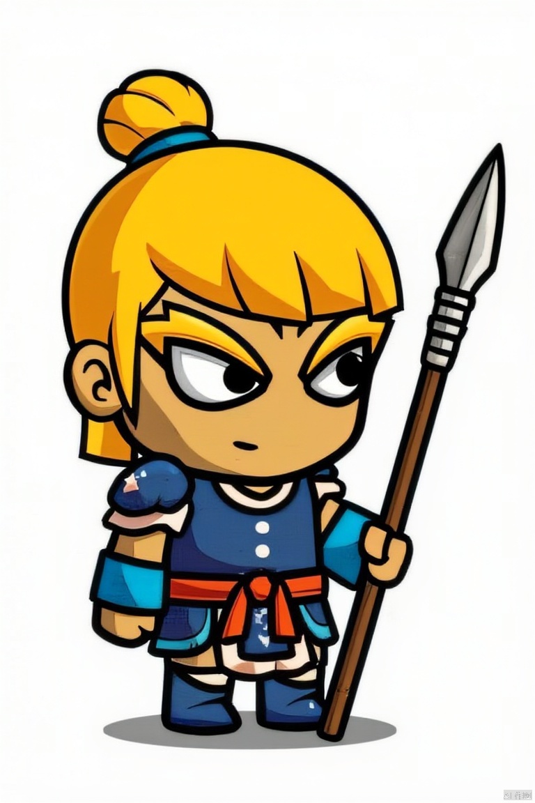 solo, bangs, blonde hair, 1boy, holding, standing, weapon, male focus, chibi, holding weapon, polearm, spear, holding polearm, topknot