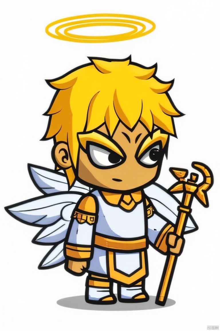 solo, blonde hair, male focus, wings, dark skin, chibi, halo, staff, angel wings, angel