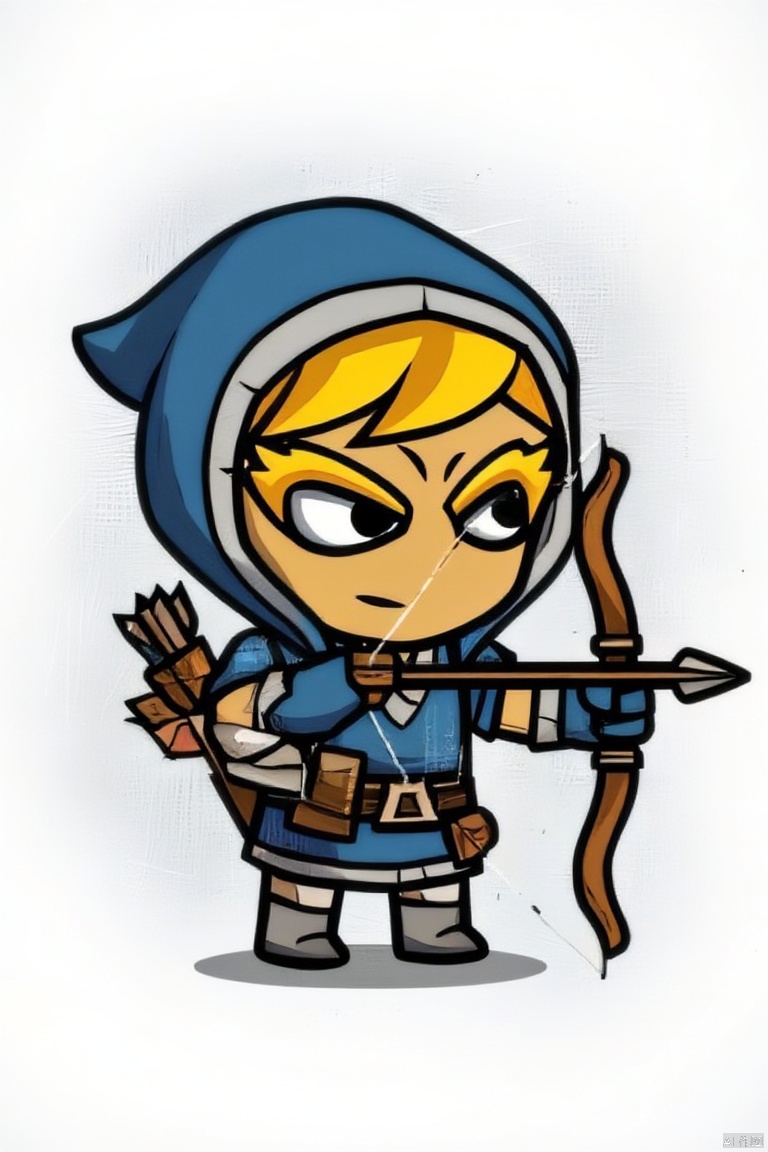 solo, gloves, 1boy, holding, weapon, male focus, pointy ears, belt, hood, chibi, holding weapon, bow \(weapon\), arrow \(projectile\), holding bow \(weapon\), quiver, tunic, holding arrow, drawing bow, link