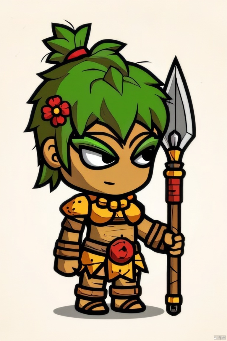 1girl, solo, short hair, hair ornament, navel, holding, ponytail, weapon, flower, green hair, hair flower, dark skin, chibi, holding weapon, black eyes, dark-skinned female, makeup, sandals, polearm, eyeshadow, spear, holding polearm, loincloth, topknot, tribal