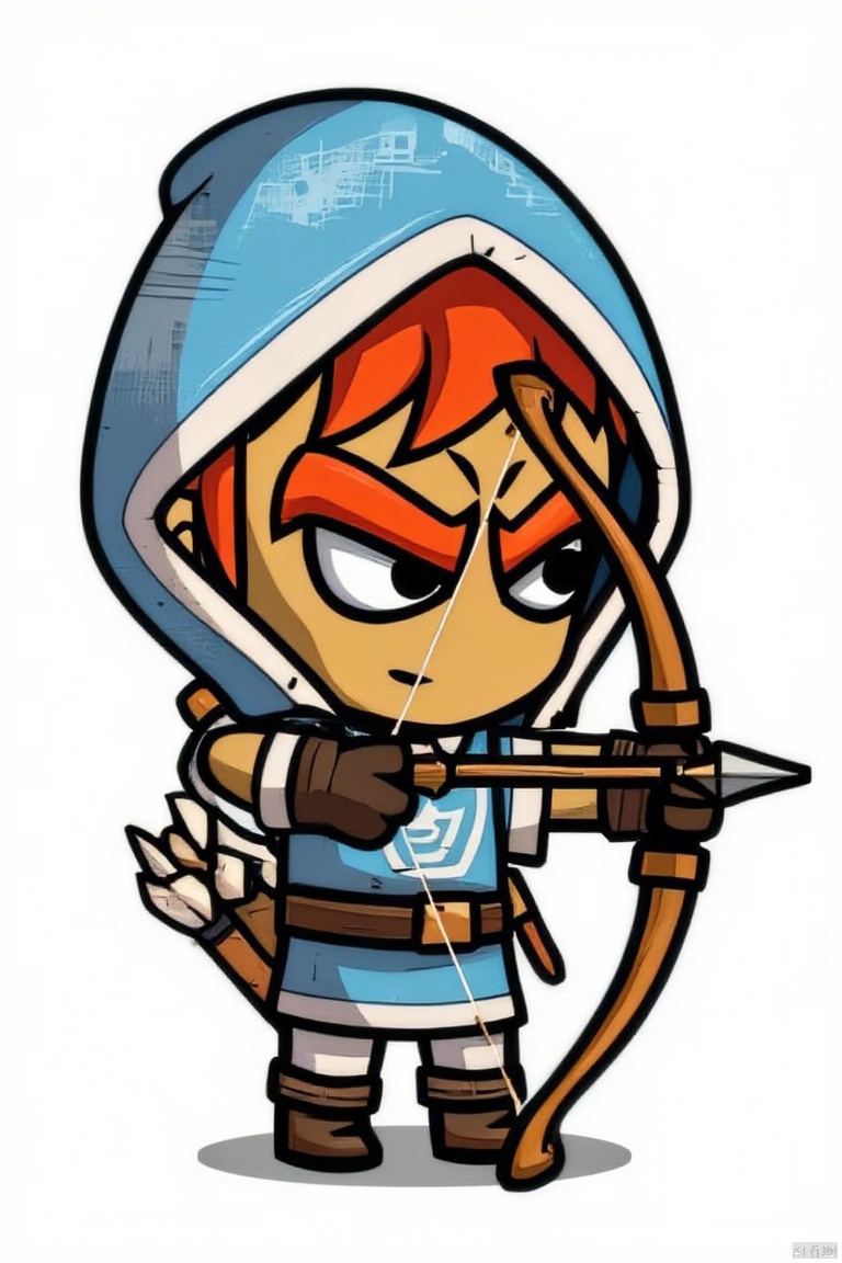 solo, gloves, 1boy, holding, weapon, male focus, pointy ears, belt, hood, chibi, holding weapon, bow \(weapon\), arrow \(projectile\), holding bow \(weapon\), quiver, tunic, holding arrow, drawing bow, link