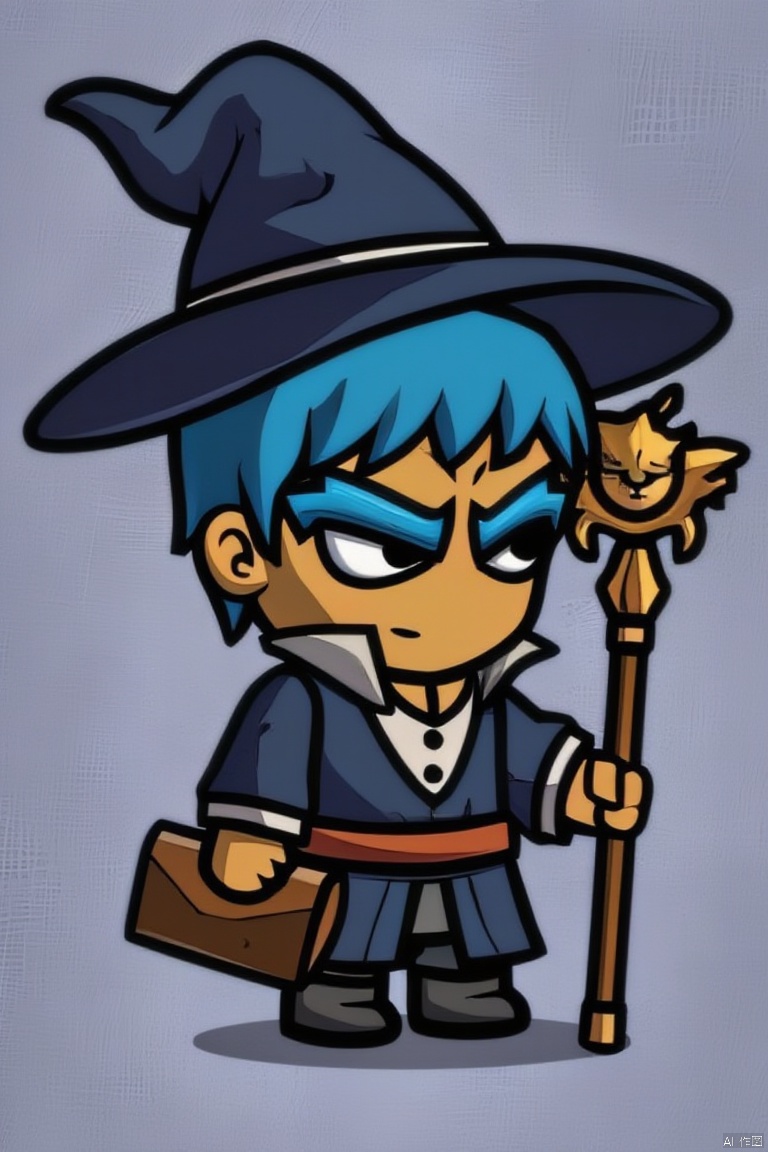 solo, 1boy, hat, blue hair, male focus, dark skin, chibi, witch hat, staff