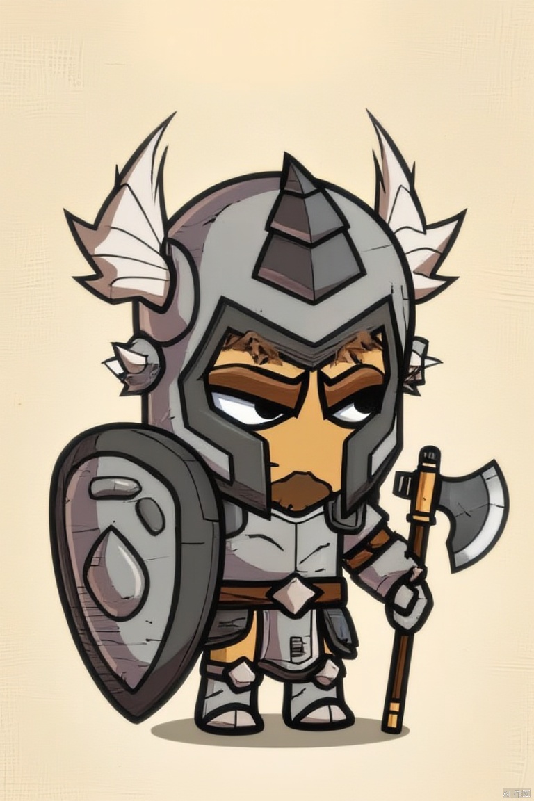 solo, 1boy, weapon, male focus, horns, chibi, armor, facial hair, helmet, shield, fake horns, axe, horned helmet, battle axe