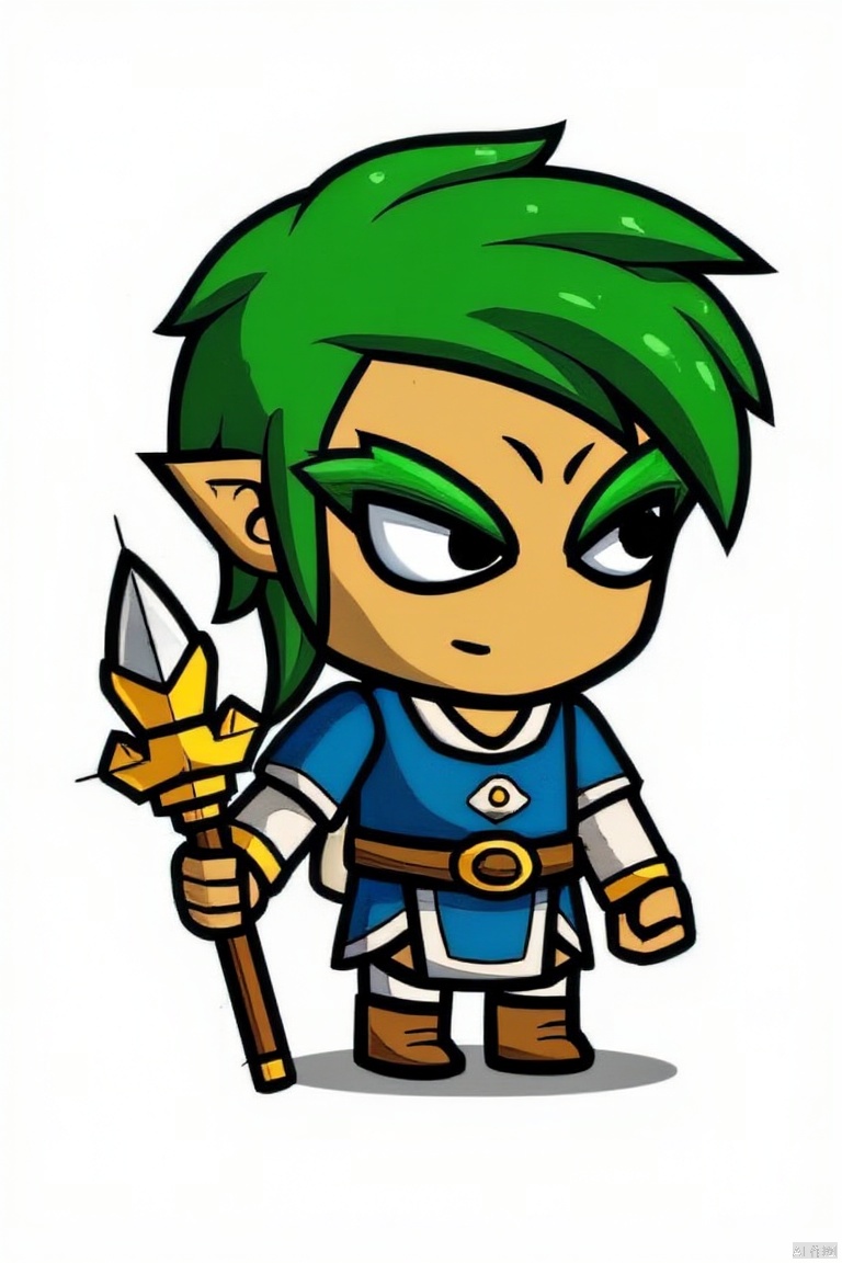solo, 1boy, male focus, green hair, pointy ears, chibi, makeup, staff, eyeshadow, holding staff, tunic, link